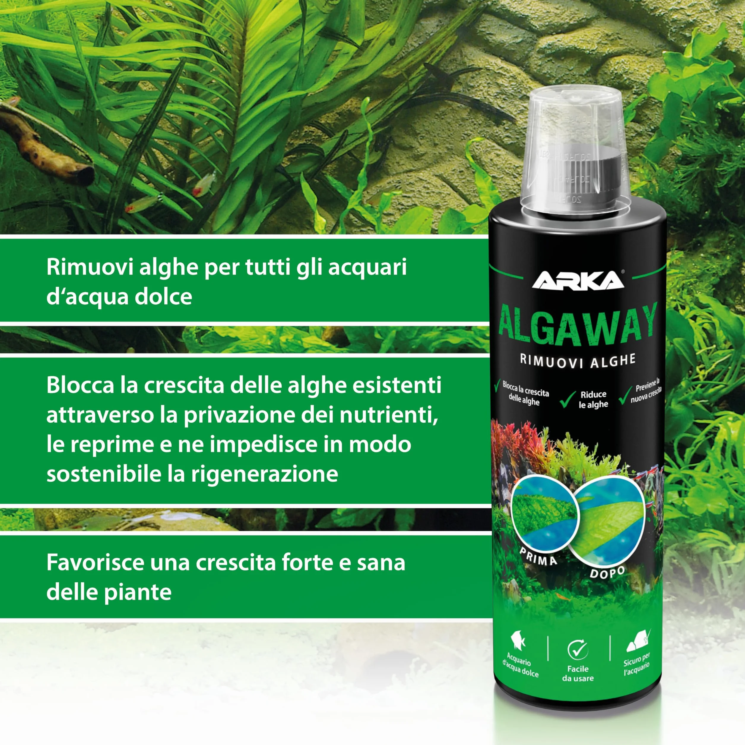 ARKA Algaway 473 ml trattamento anti alghe per acquari d'acqua dolce senza rame
