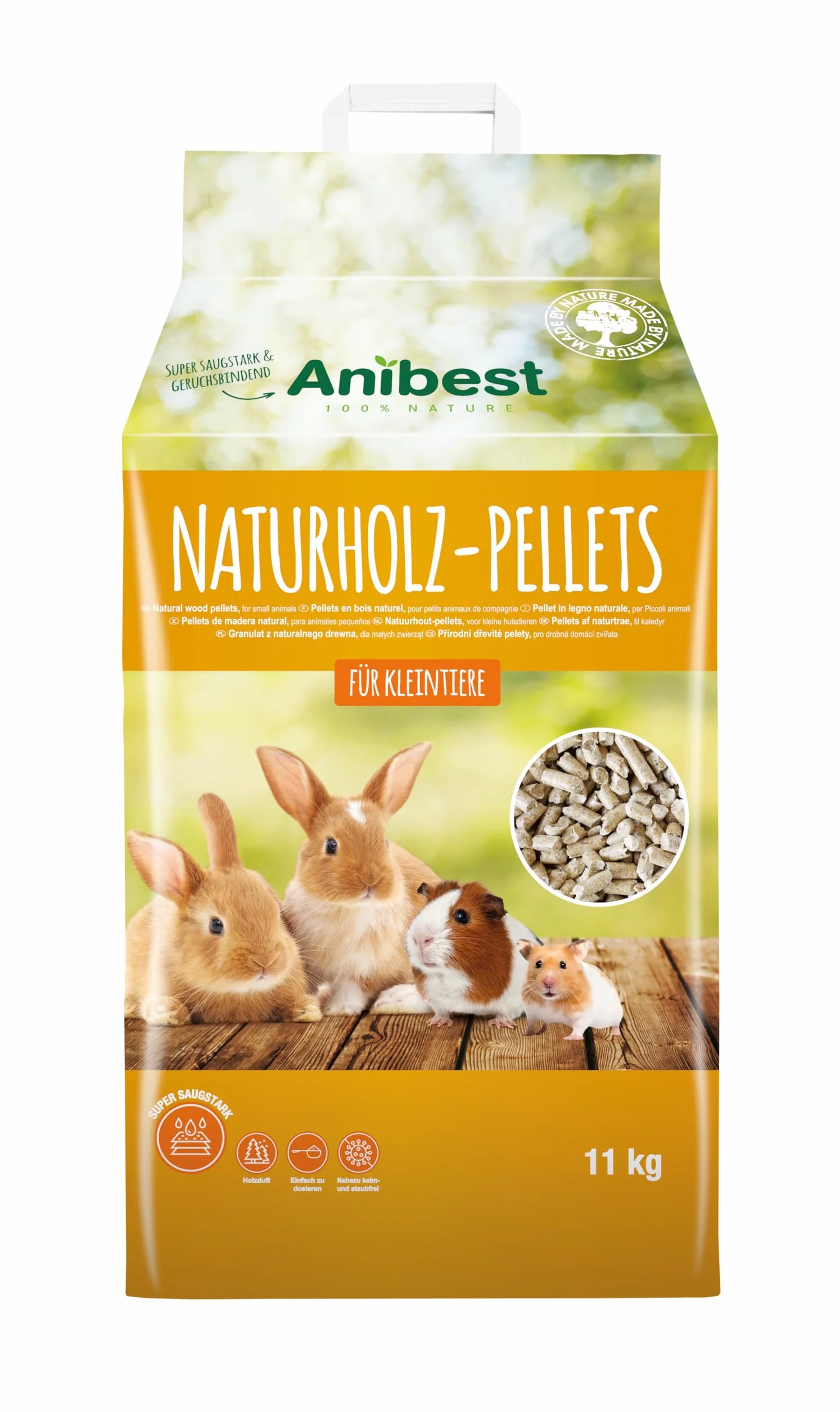 Anibest Pellet di piccoli animali, 100% lettiera naturale per conigli, criceti, porcellini d'India e Co, pellet di legno assorbenti e antiodori, lettiera facile da dosare, 11 kg/20 l