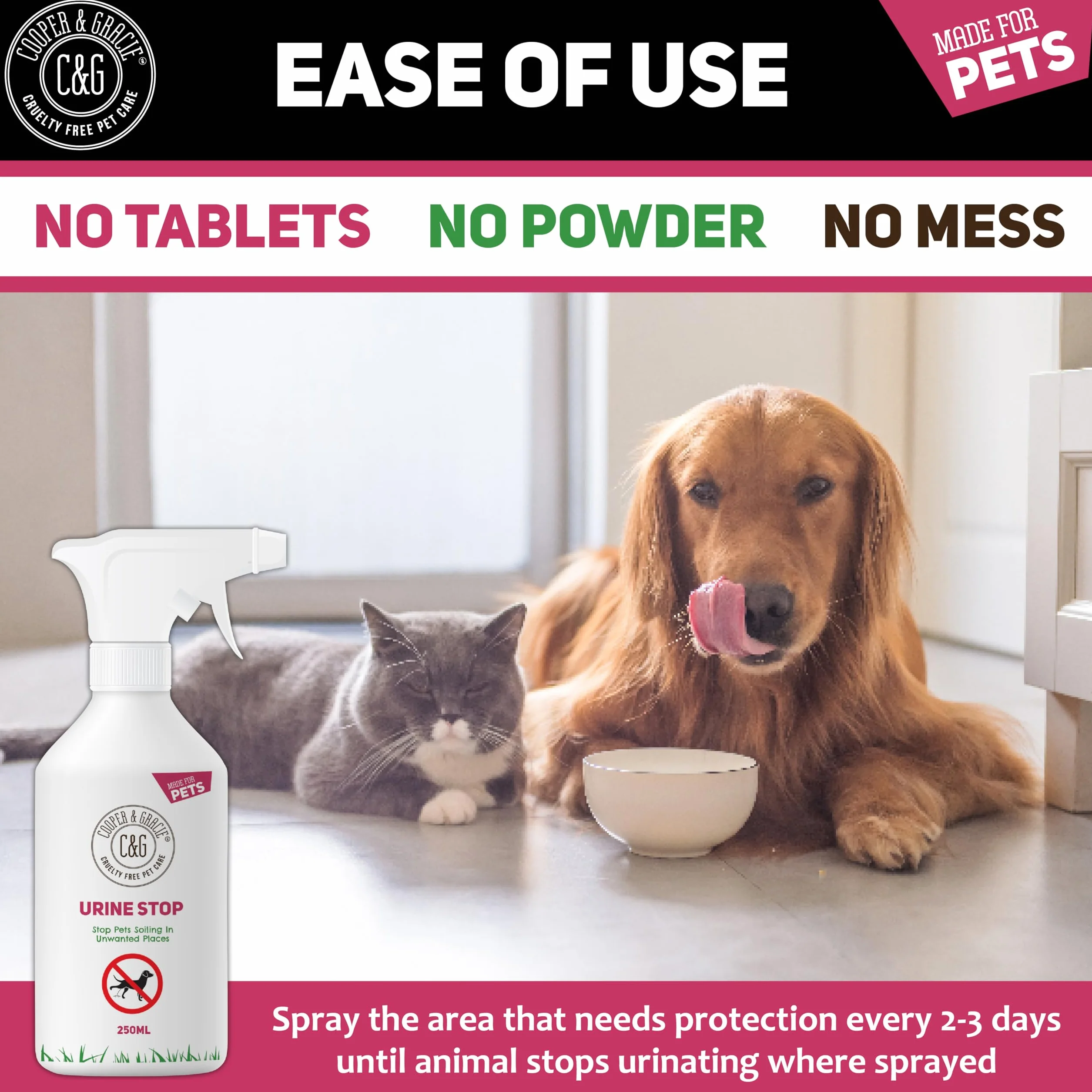 C&G Pets Urine Stop Spray per cani e gatti – Formula a tripla azione – blocca la ripetizione di segni all'interno e all'esterno – Ingredienti naturali, prodotto nel Regno Unito – sicuro per famiglie e