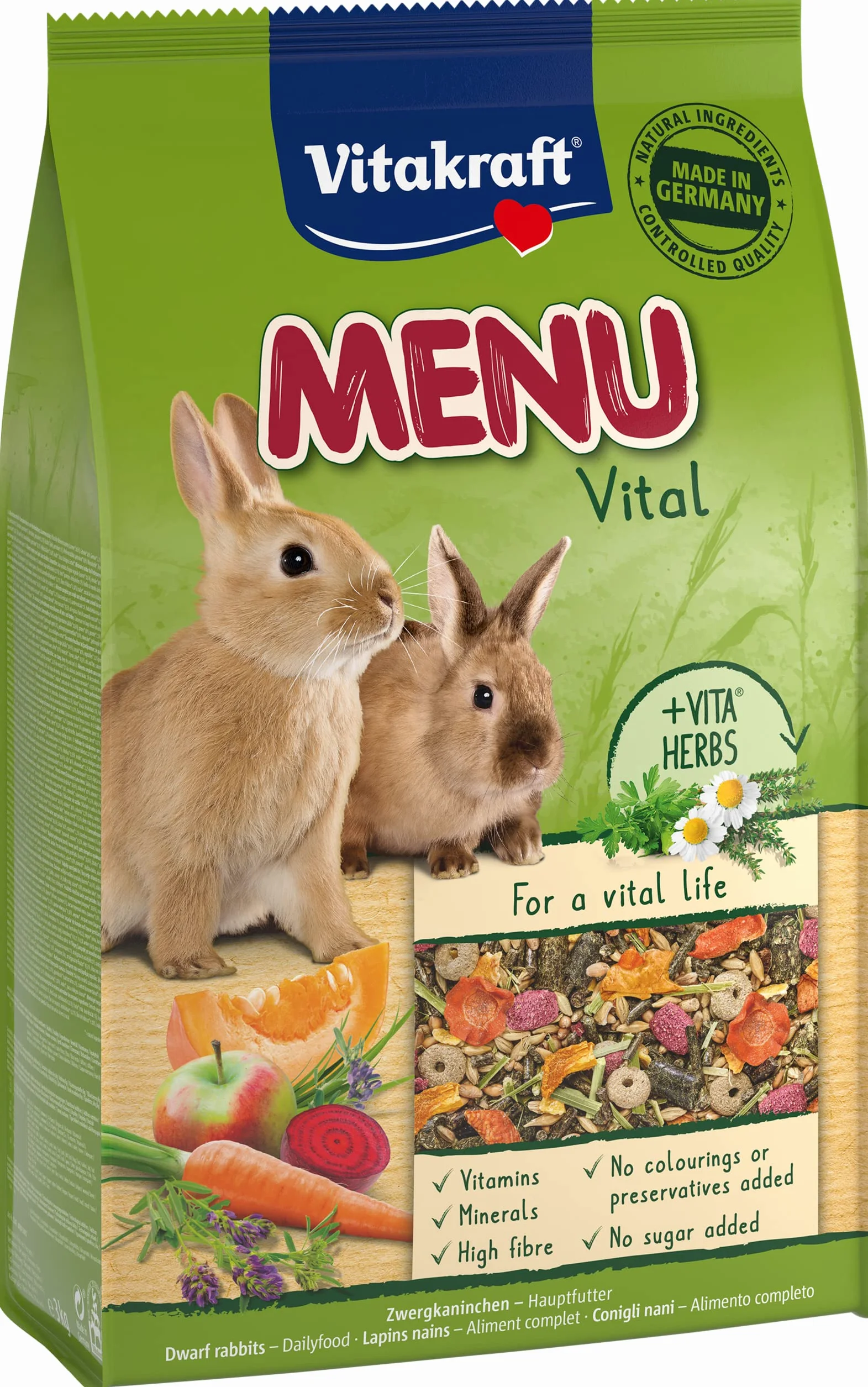 Vitakraft Menu Vital, alimento completo per conigli nani, con erba medica, con mela, con zucca, arricchito con erbe aromatiche, senza l'aggiunta di zuccheri e cereali (1x 3kg)