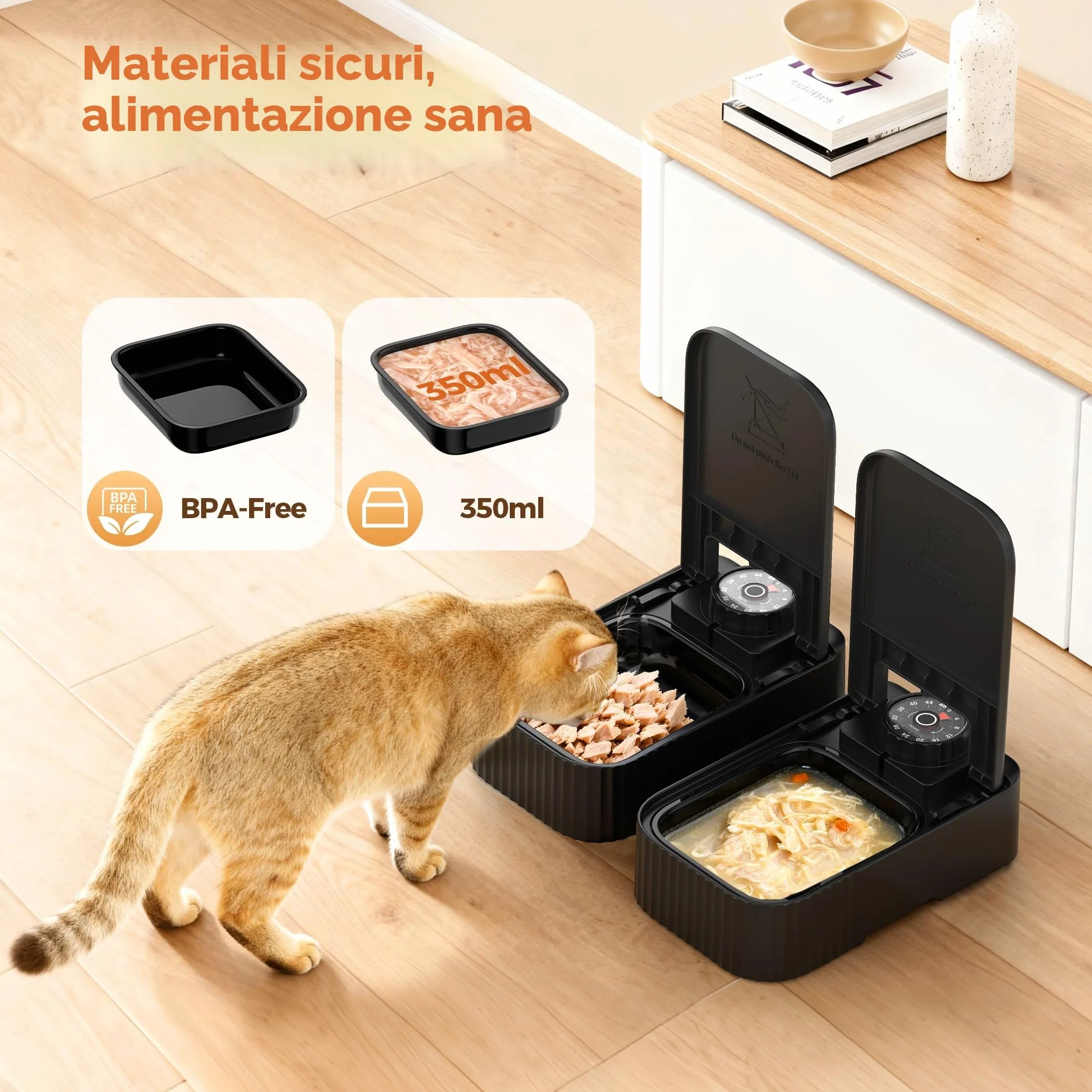 Distributore Automatico Cibo Gatti Umido: Dispenser Crocchette Gatto con Timer di 48 Ore - Dosatore Crocchette per Gatti senza Fili con 1 AA Batteria - Pasti Fino a 350g Ciascuno - Nero