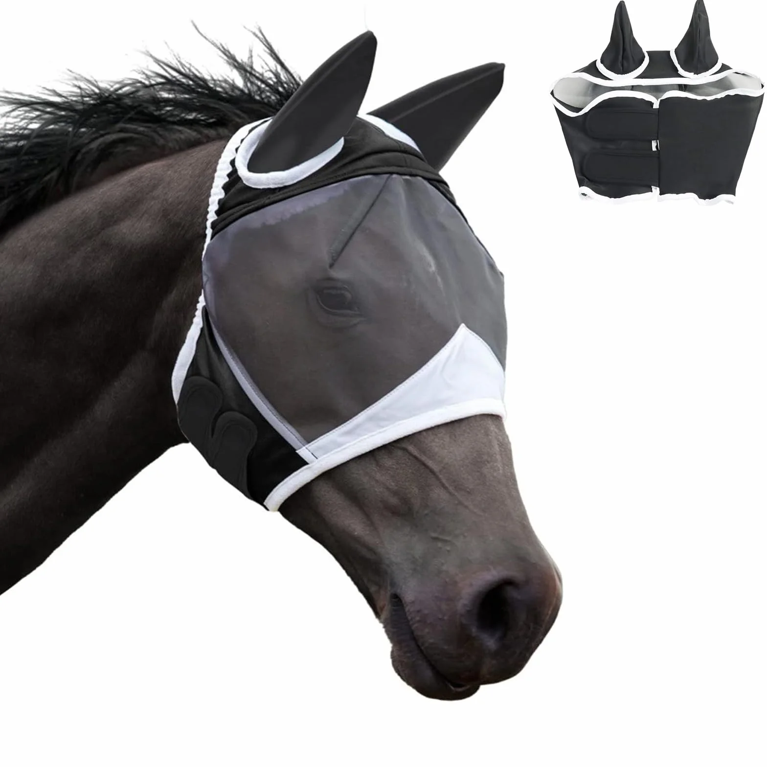 Maschera da mosche per cavallo, protezione UV, traspirante, per cavallo, sangue caldo, protezione contro mosche e raggi UV, per allenamento e uso quotidiano, maschera per mosche a lunga durata, taglia