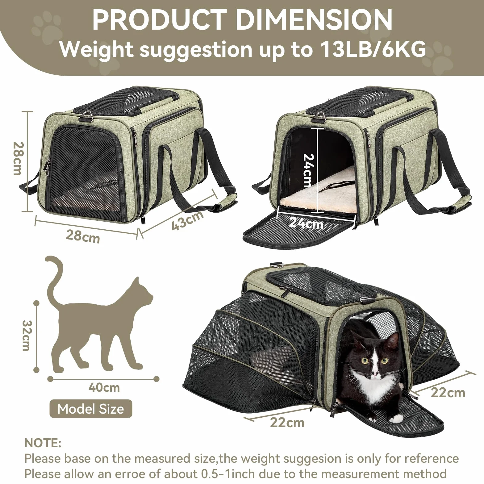 Petsfit Trasportino per gatti, espandibile, comodo trasportino pieghevole su due lati con tappetino in pile, trasportino per cani aperto nella parte superiore. Verde