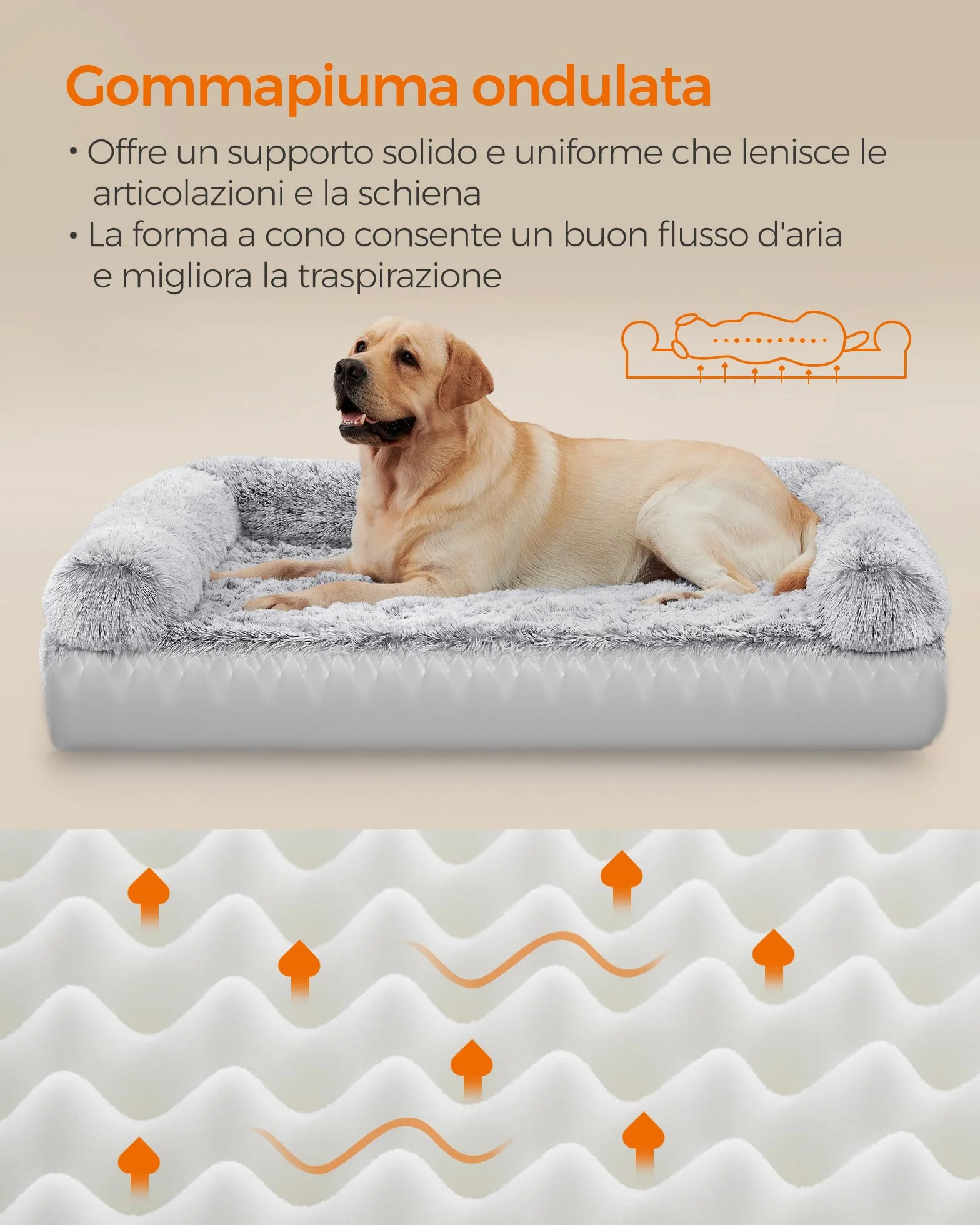 Feandrea FluffyHug Cuccia per Cani, Taglia XXL, Divano Letto per Cani di Taglia Grande, di Gommapiuma Ondulata, Copertura Lavabile Sfoderabile, 122 x 85 x 24 cm, Grigio Ombré PGW234G01