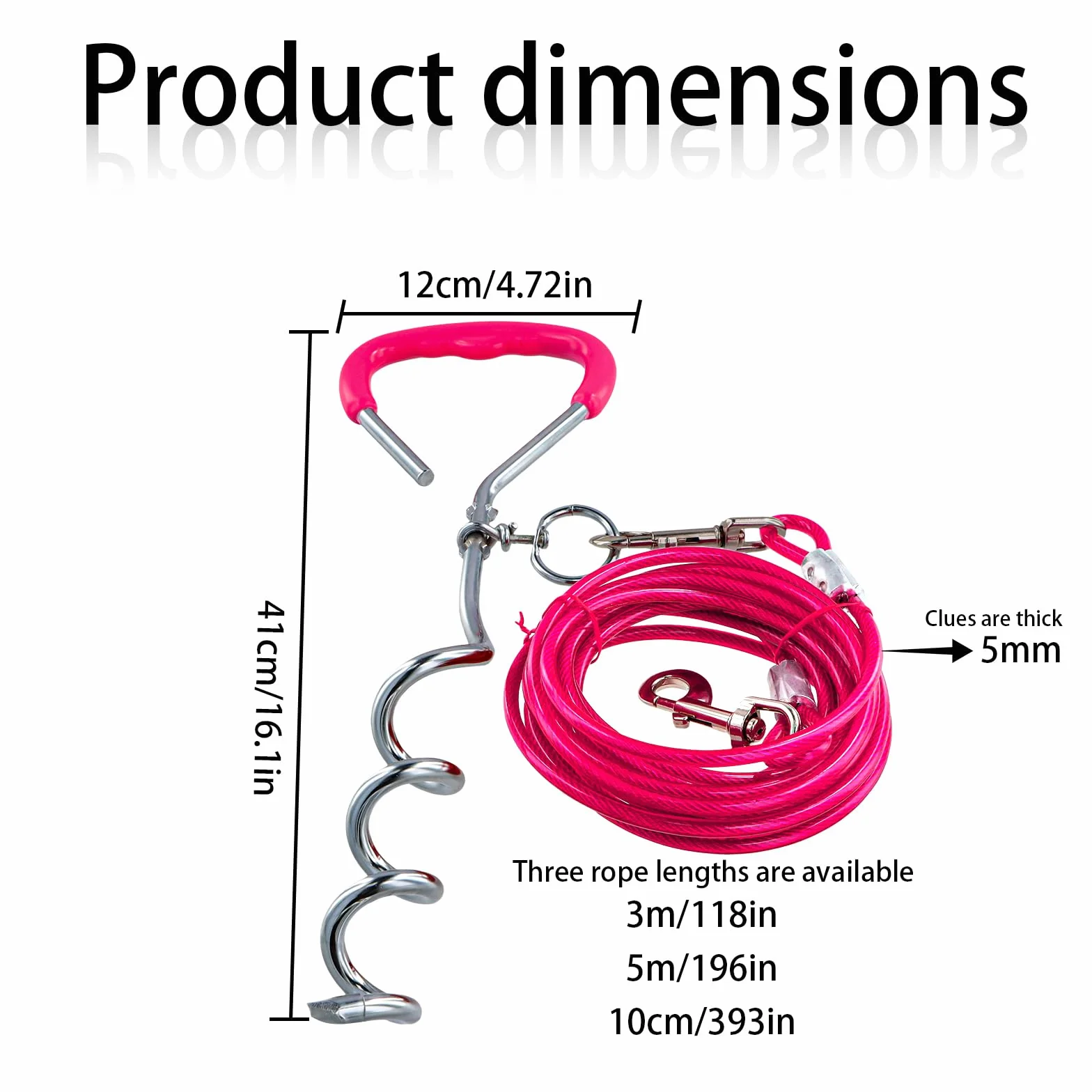 5 m Guinzaglio per Cani con 42 cm Picchetto a Terra, Cavo Acciaio Inossidabile 6mm con Gancio 360°, Fino a 250 kg, PVC Coated, Cavo Legare per Cane Grande Media Piccola Campeggio Giardino (5m Rosa)