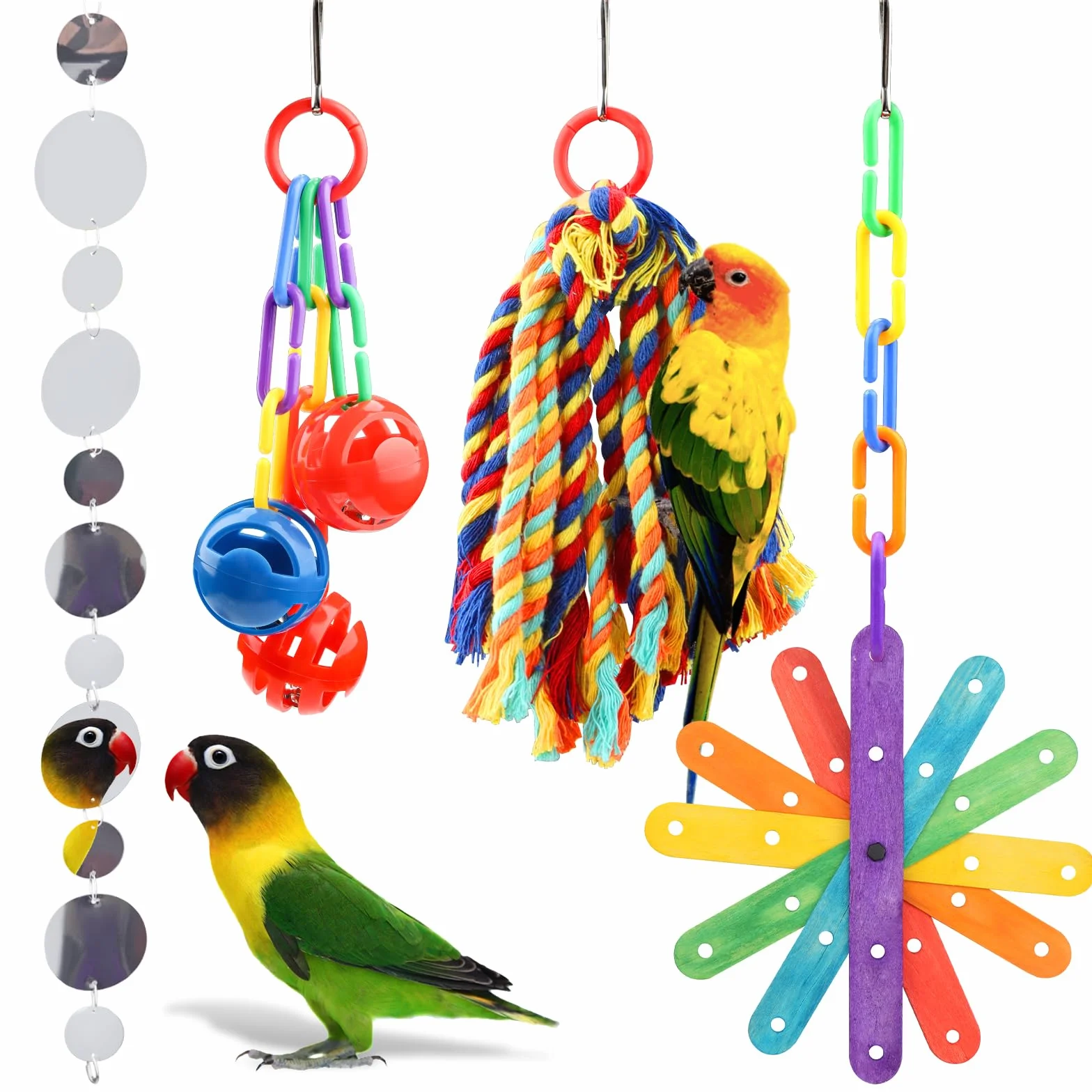 QUOZUO 4 Pezzi Giocattoli Pappagallo Uccelli Giochi da Masticare Altalena Appesa Gabbia Legno Corda Perch