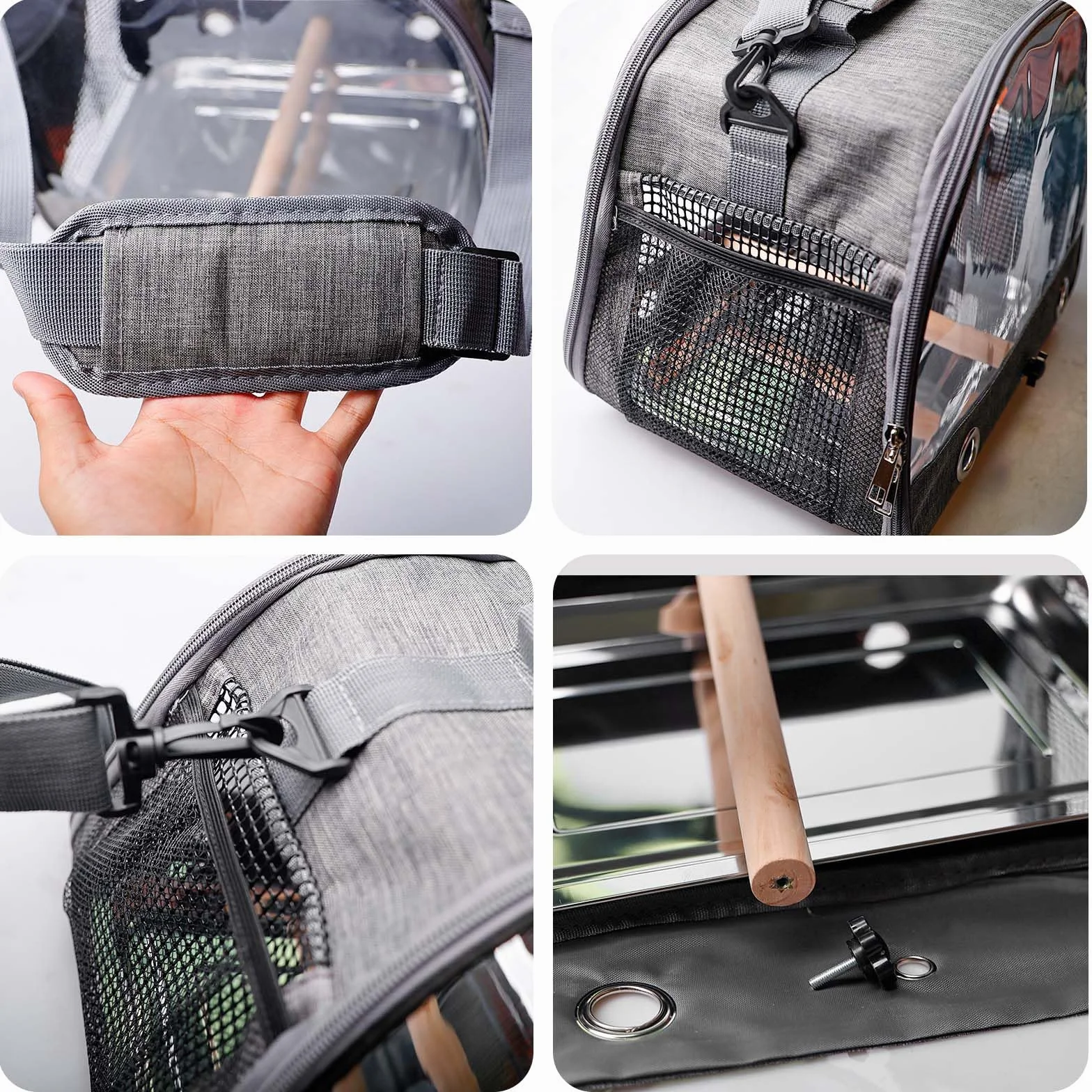 Asfrode Borsa per il trasporto con asta e vassoio in acciaio inox, leggera, per il trasporto di uccelli, per pappagalli, pappagalli, parrocchetti