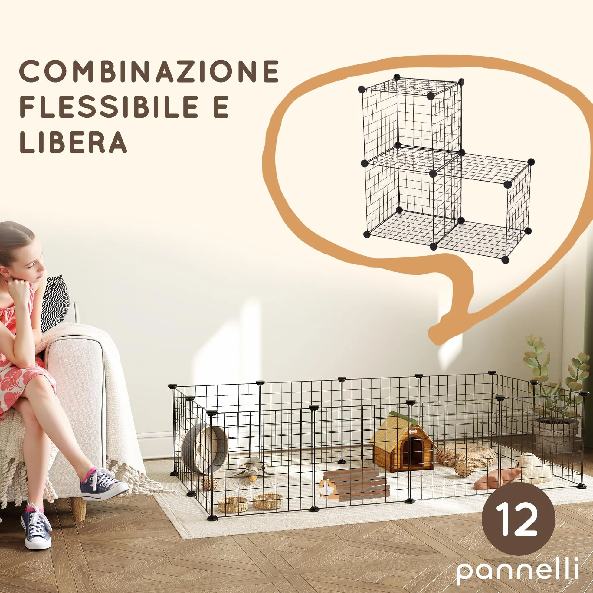 PawHut Recinto per Cuccioli e Piccoli Animali Modulabile in Metallo e PP, 12 Pannelli da 35x35cm Nero