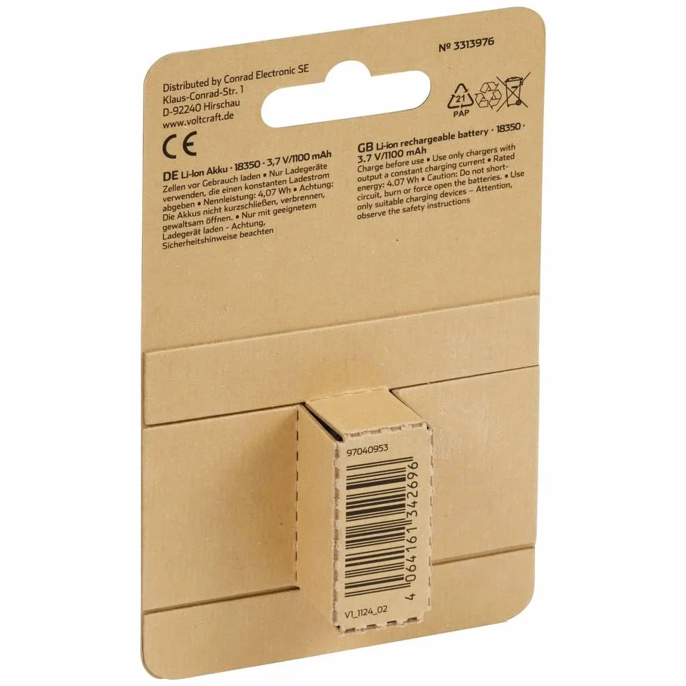 VOLTCRAFT VC-18350 Bateria speciale 18350 Flat-Top litio 3,7 V 1100 mAh
