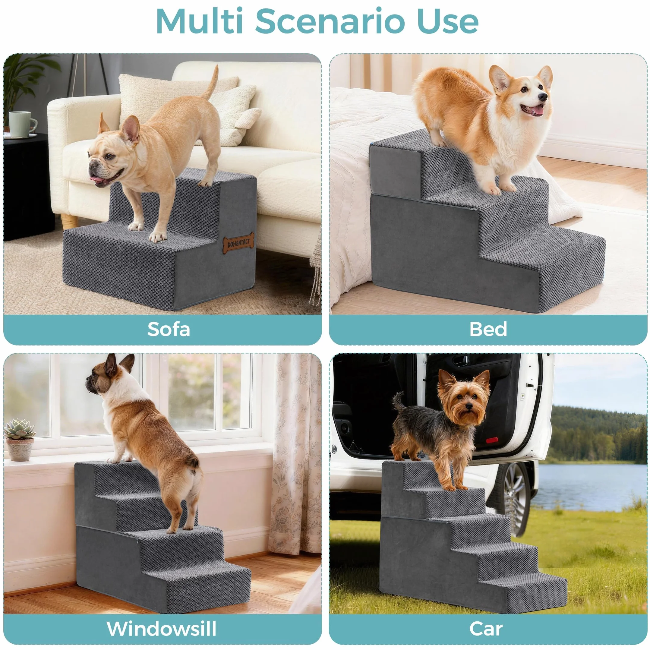 Scaletta per Cani Rampa per Letto 33-61 cm Scala Rimovibile Schiuma 40D Antiscivolo Grigio