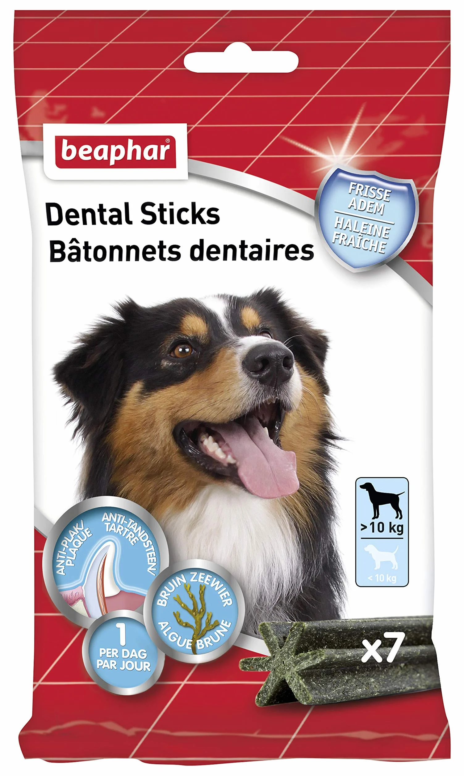 BEAPHAR - Bastoncini dentali per cani grandi (> 10 kg) - Dolcetti a basso contenuto calorico con alghe brune e tè verde - Alito fresco - Elimina placca dentale e tartaro - 7 unità