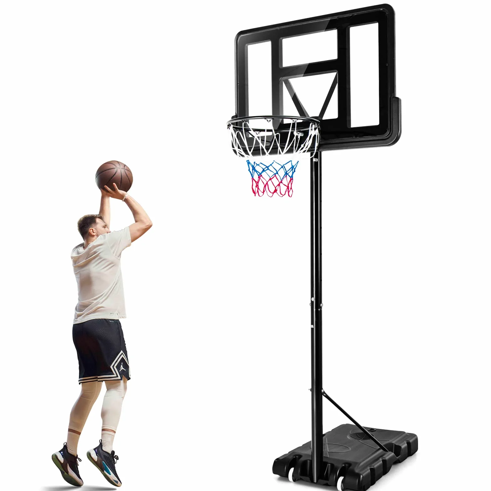 COSTWAY Canestro da Basket Portatile per Adulti, Canestro Basket Regolabile in Altezza 1,3M-3,05M con Ruote Tabellone Infrangibile e Retina Durevole, Adatto a Interno Esterno, Nero