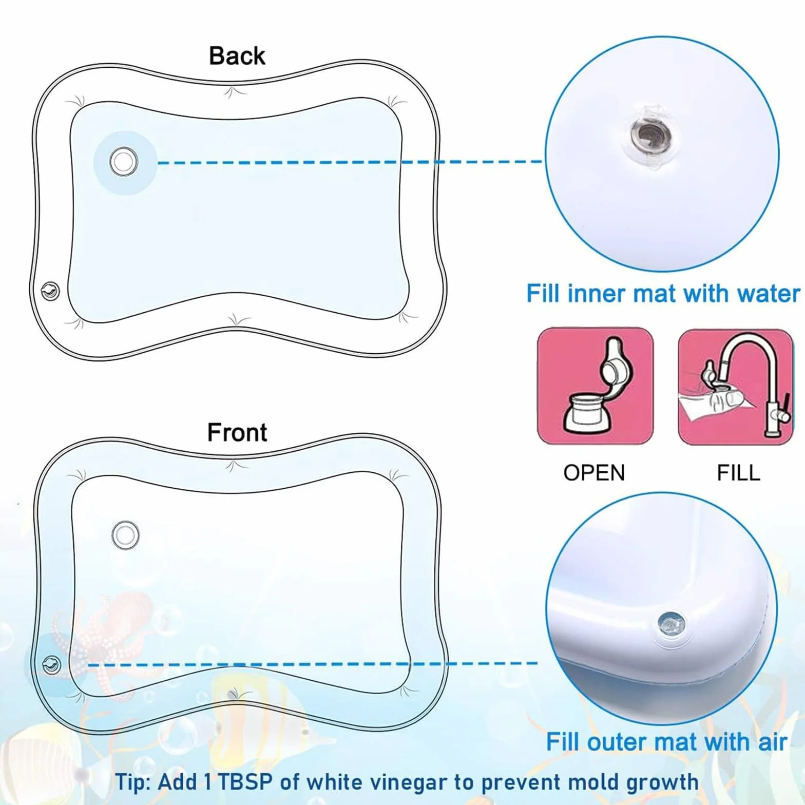 Vinuwu Tappetino gonfiabile ad acqua spesso e confortevole, 50 x 69 cm, delfino con 10 adesivi
