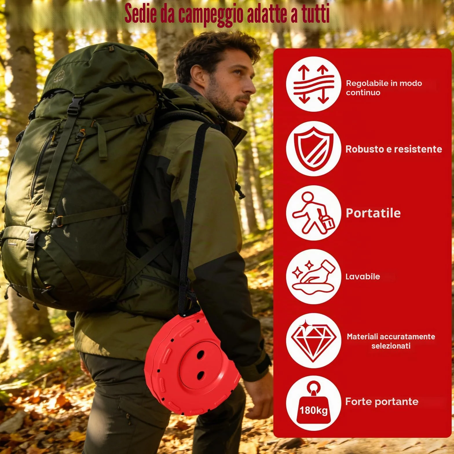 Sgabello Pieghevole Portatile Telescopico da Campeggio Altezza Regolabile 180 kg Rosso