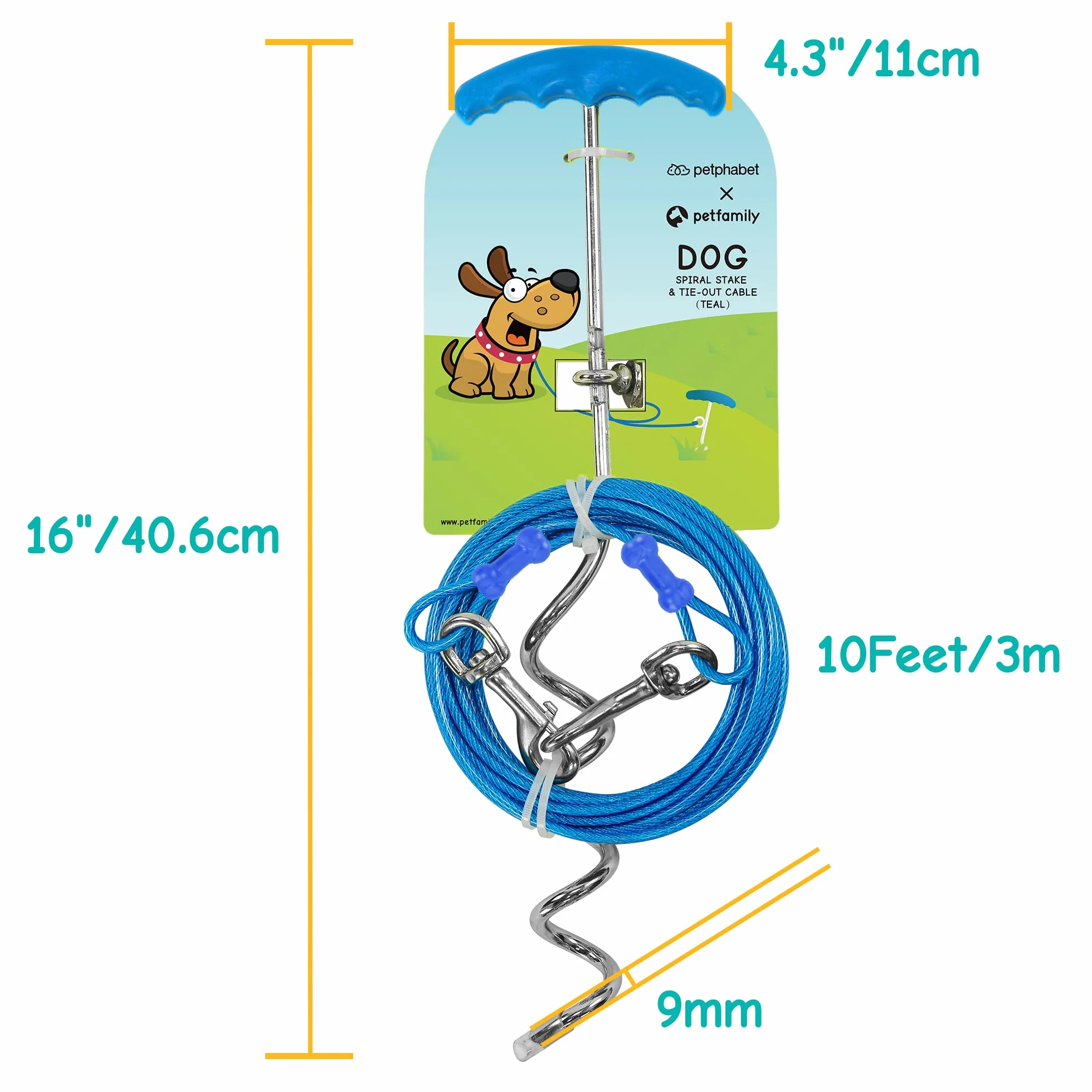 Petphabt - Cavo resistente per cani da 3 m, con spirale per cani da 16 cm, per cuccioli, animali domestici, guinzaglio per esterni (verde acqua)
