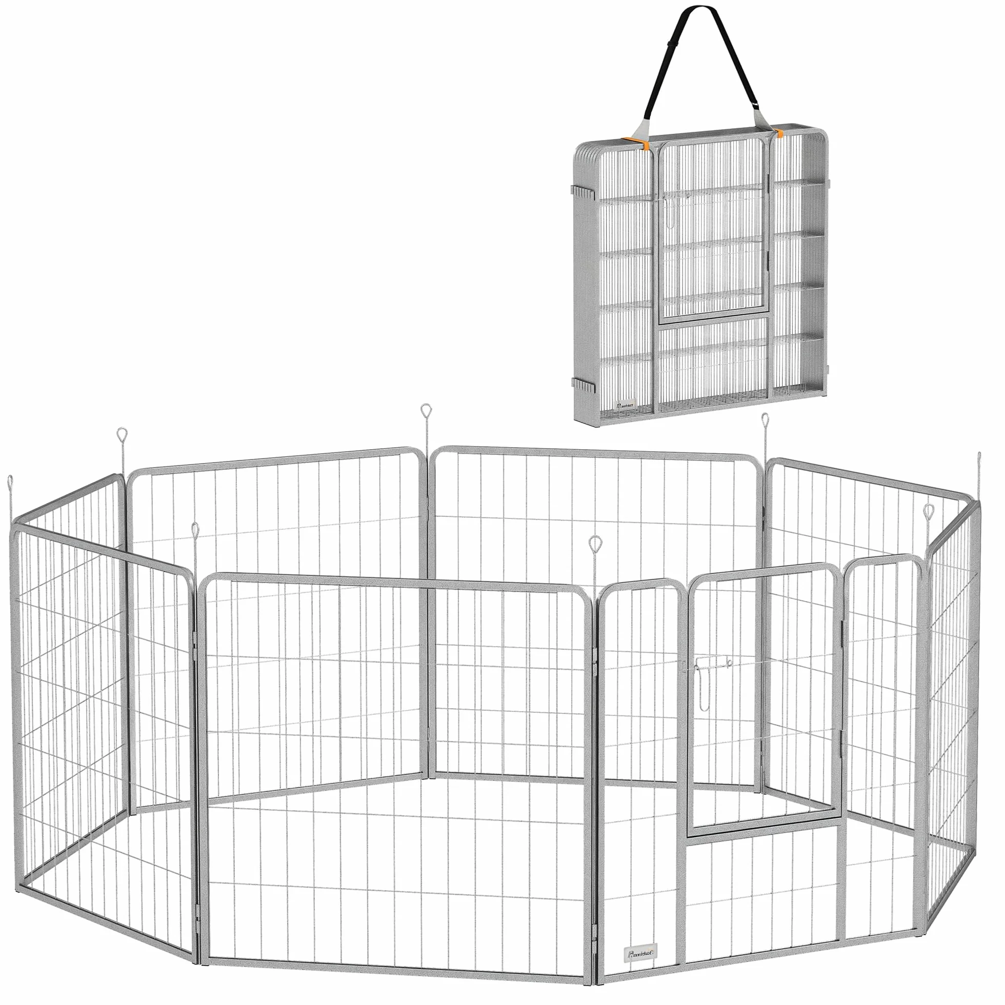 PawHut Recinto per Cani a 8 Pannelli Modulabili con Cinturino, Box per Cani Taglia Piccola e Media Pieghevole con Porta in Acciaio, Altezza 80 cm, Argento