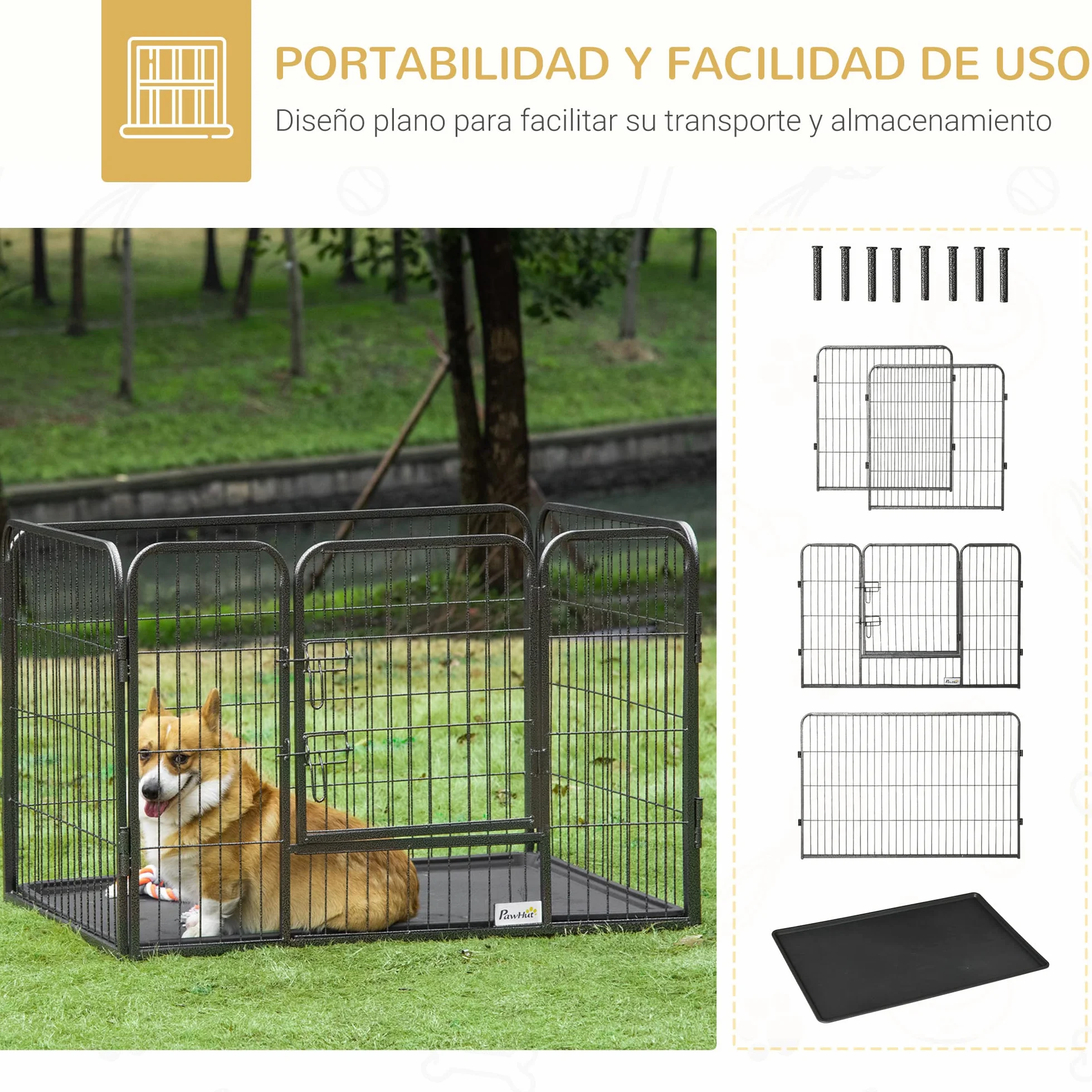 PawHut Box per Cani Recinzione in Metallo 4 Pannelli Porta Doppio Blocco 109x74x71cm Grigio