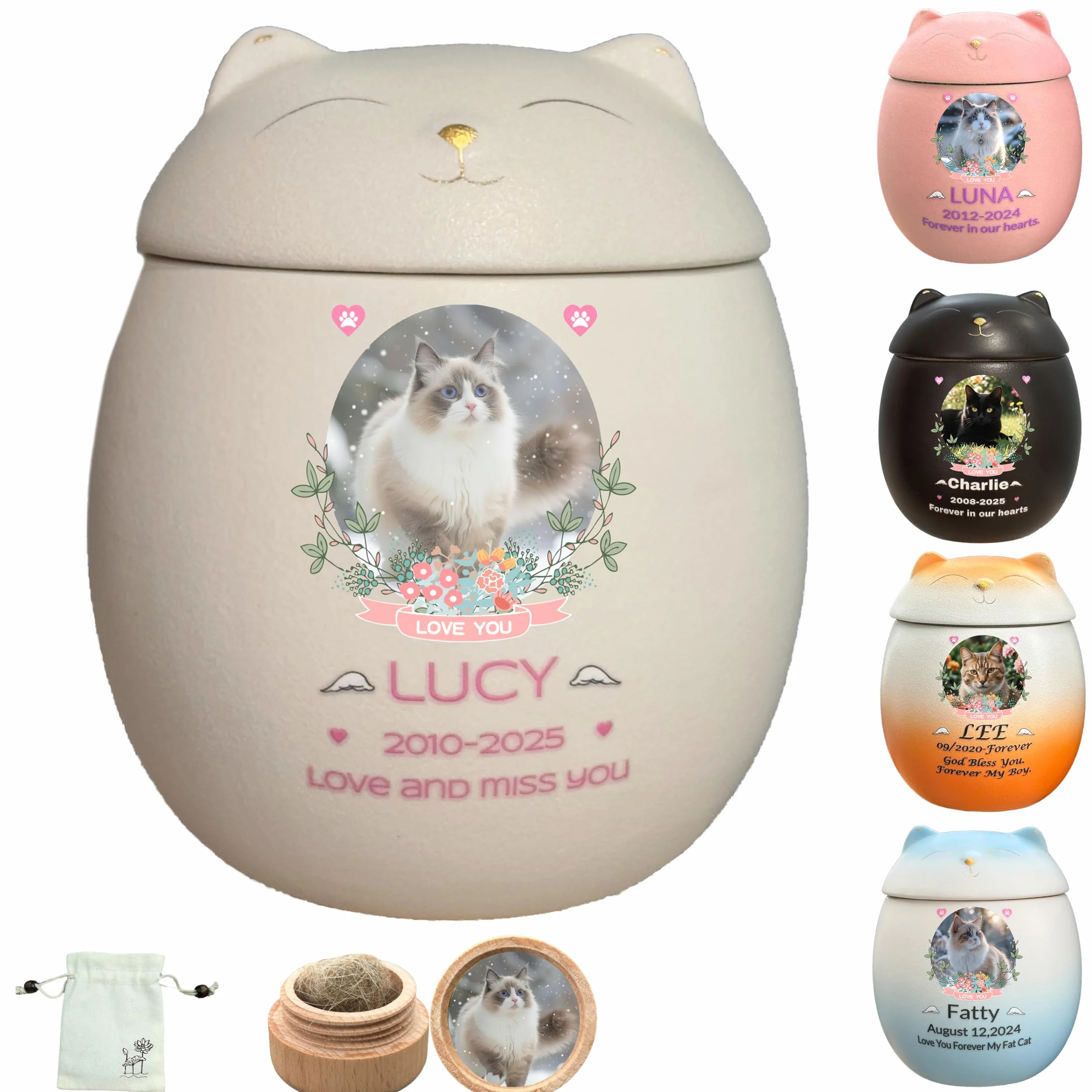 Urna per gatti in ceramica fatta a mano per ceneri di piccoli animali (bianco)