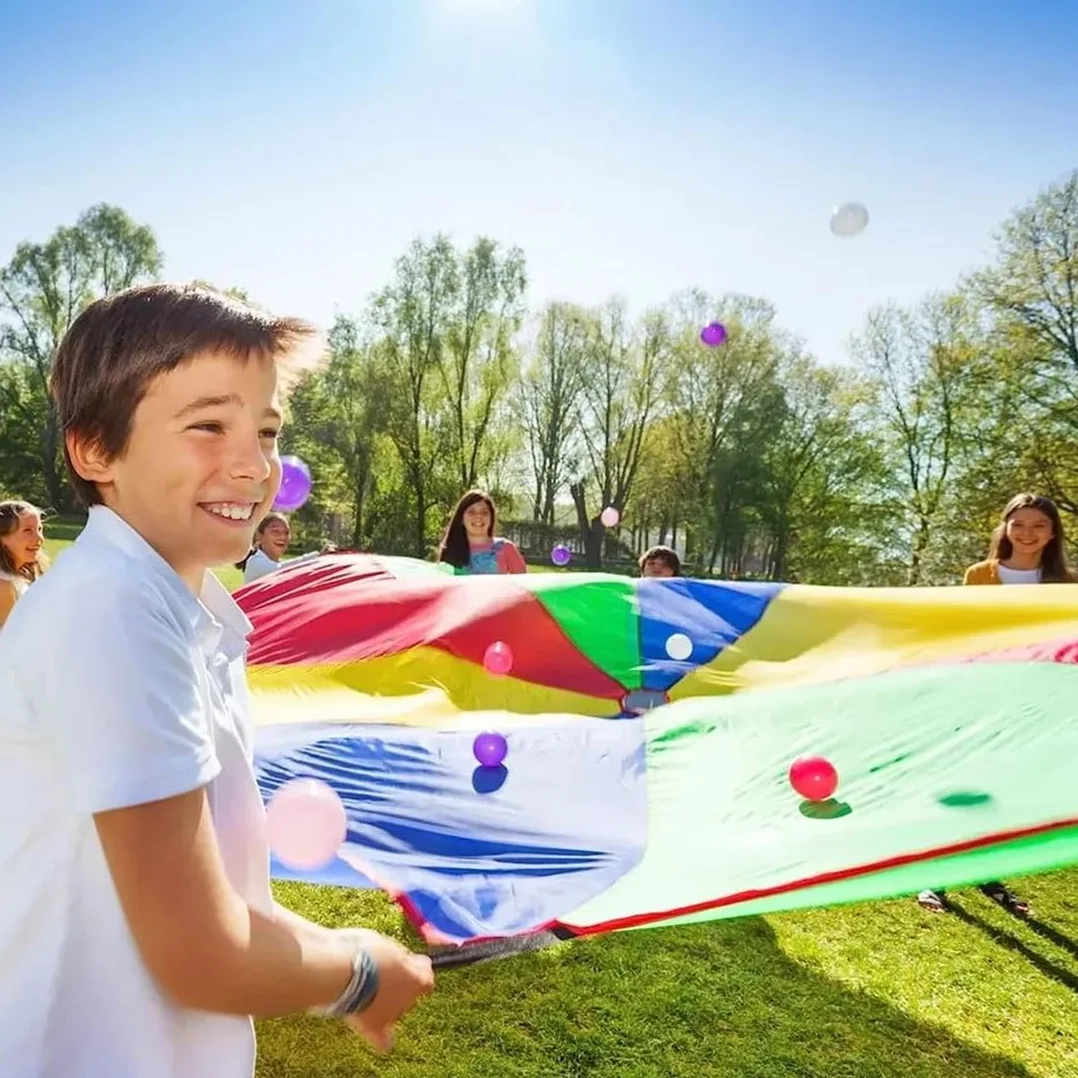 Paracadute Bambini Professionale 300 cm 3m Telo Arcobaleno con Maniglie per Giochi di Gruppo 12 Bambini