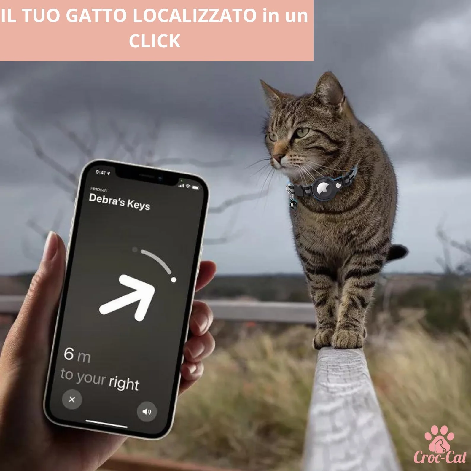 Croc-Cat® Collare Gatto, Compatibile AirTag Apple, Localizza il Tuo Gatto, Leggero & Confortevole, Sicurezza Massima, GPS Air Tag Non Incluso