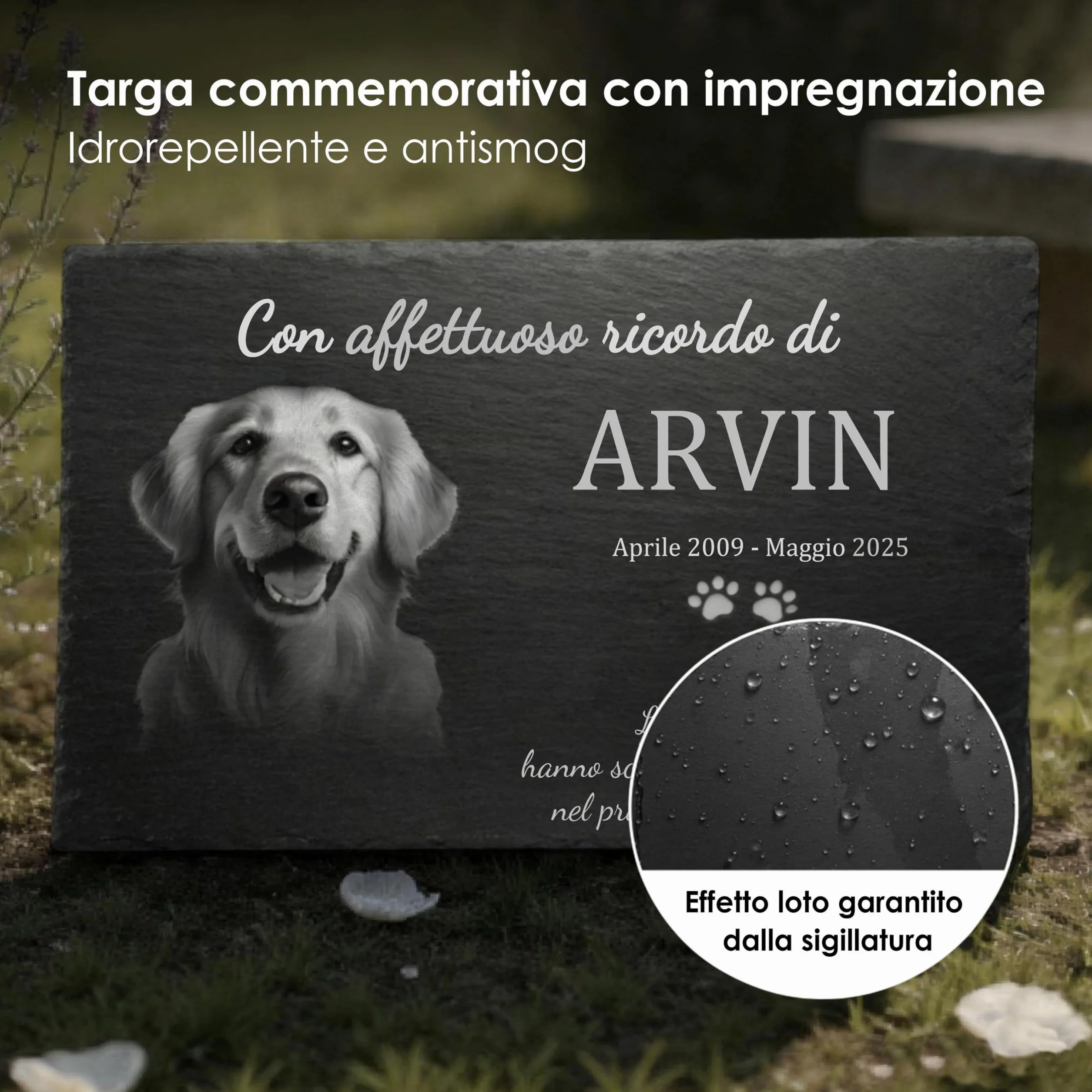 Pietra Commemorativa Cane in Ardesia – Lapide per Animali Esterno Personalizzata, Targa Memoriale per Cani Resistente alle Intemperie – Foto, Nome e Testo Personalizzabili – Giardino / 30x15–50x30 cm
