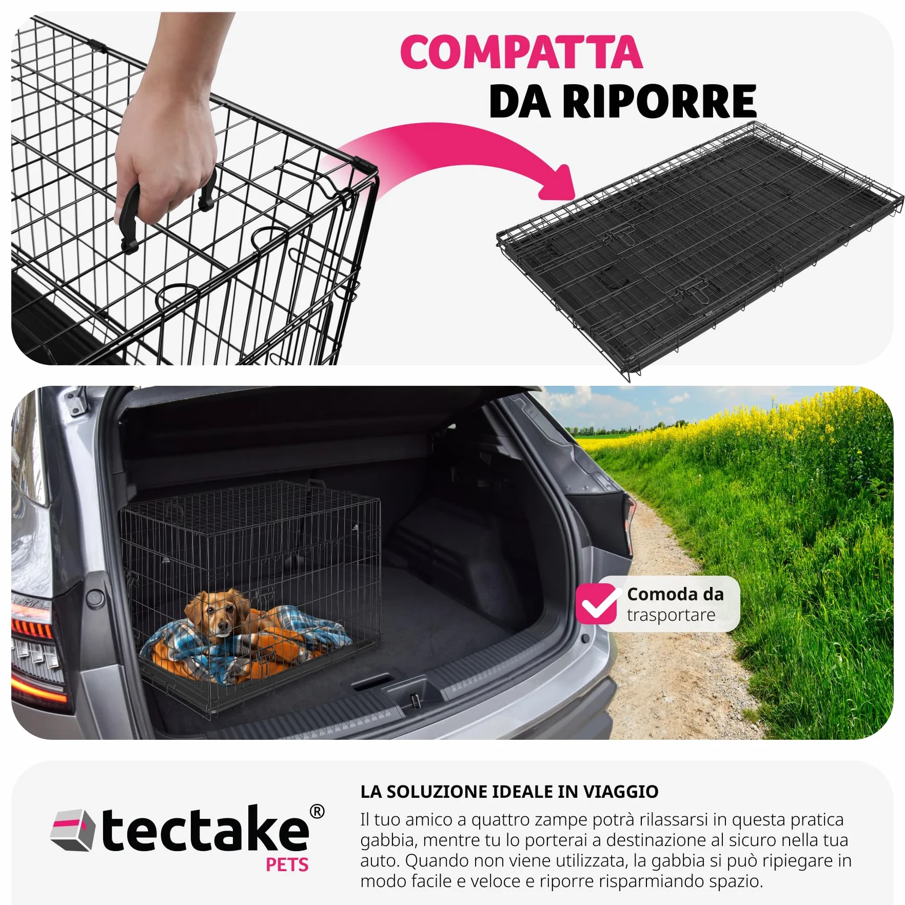 tectake® Trasportino Auto per Cani Spazioso, 78x48x52,5cm, Gabbia per cani con Griglia in Acciaio Robusta, per Gatti, Pieghevole, 2 Porte, Doppia Chiusura, Vasca Rimovibile, 2 Maniglie per Trasporto