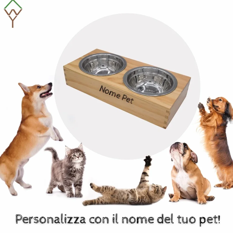 Ciotole per cani gatti personalizzate in acciaio inox con supporto in legno