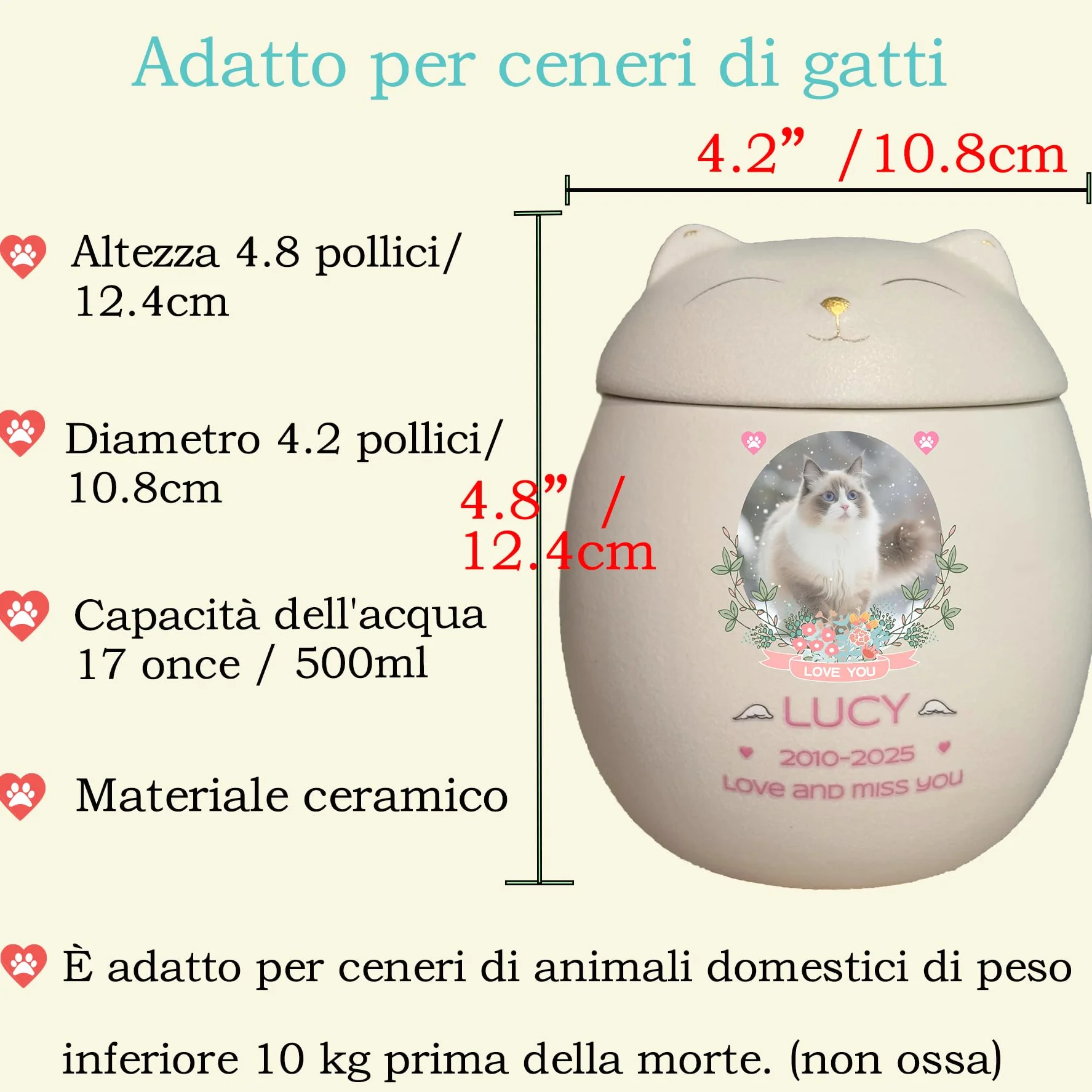 Urna per gatti in ceramica fatta a mano per ceneri di piccoli animali (bianco)