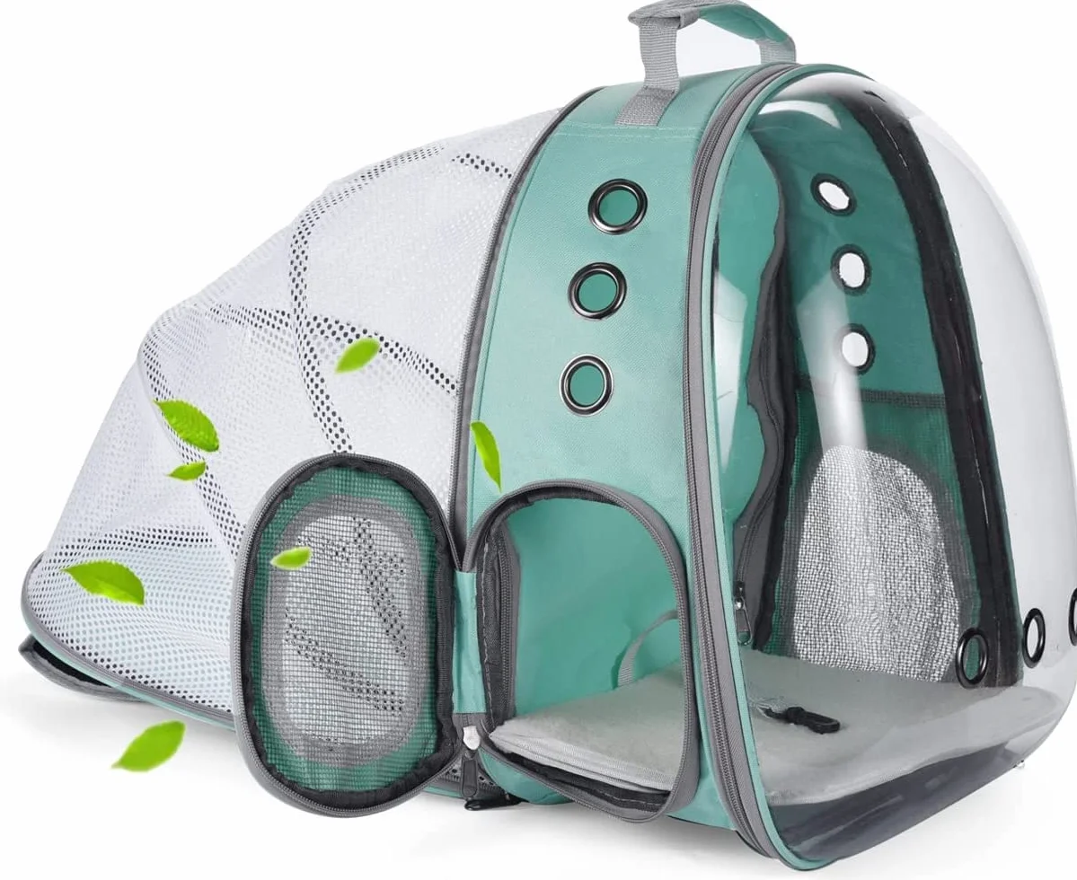 Zaino per Cani Gatti Estensibile, Zaino portatile per cani e gatti con finestra frontale trasparente e Retro espandibile, Zaino Capsula Spaziale ideale per Viaggo (Green, Behind Expand)