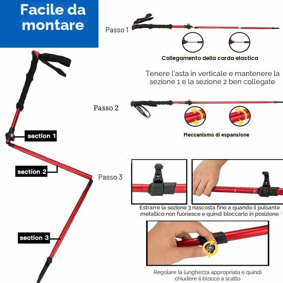 Bastone da passeggio pieghevole in sughero, antiscivolo, anti-urto per trekking e alpinismo
