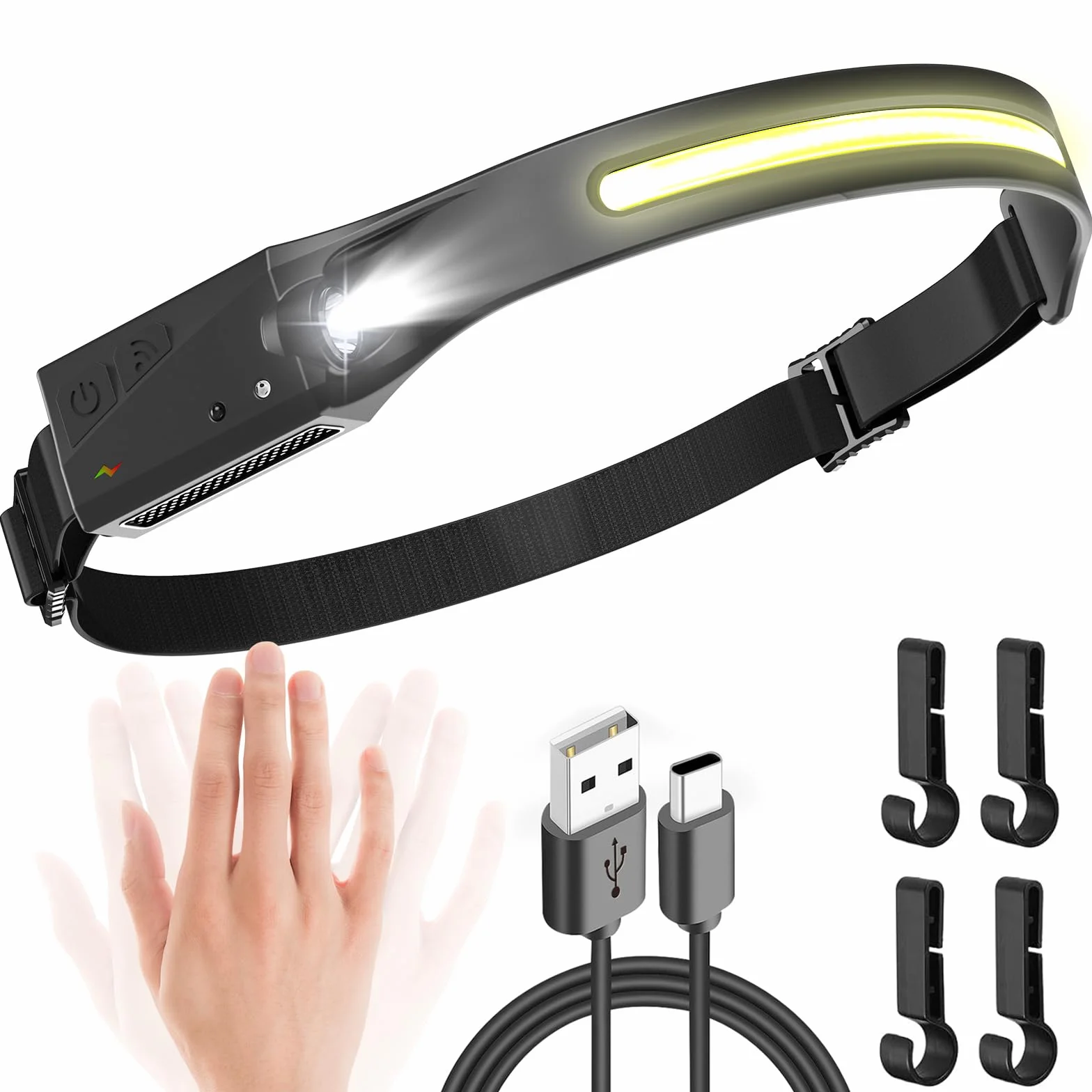 UNBON Torcia Frontale LED Ricaricabile USB C, Sensore Movimento, 5 Modalità Luce, 230° Angolo Ampio, IPX4 per Trekking Corsa Pesca