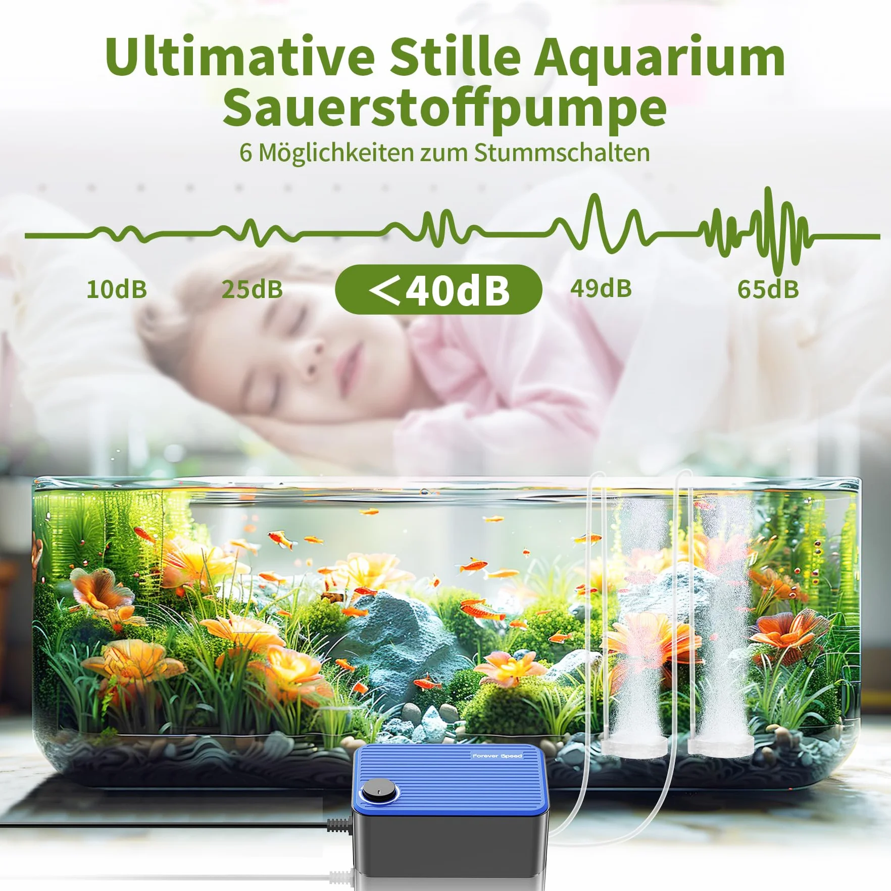 Forever Speed Ossigenatore per Acquario Ultra silenziosa 5.5W, 240L/H Aeratore Acquario con Flusso d'aria Regolabile,Pompa ad Aria per Acquario per 60-400L