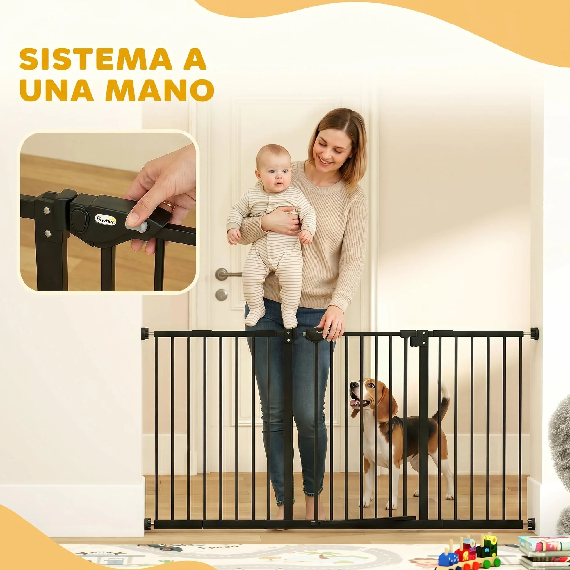 PawHut Cancellino per Cani 3 Estensioni Larghezza Regolabile 147.5 cm Fissaggio a Pressione Senza Fori Chiusura Automatica Nero