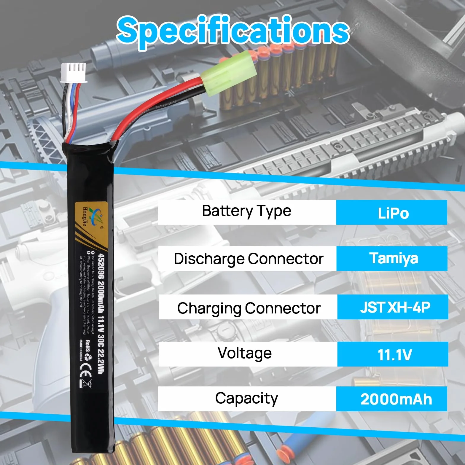 Batteria LiPo Ricaricabile 11,1 V 2000 mAh 30C 3S con Tamiya Connettore per Airsoft