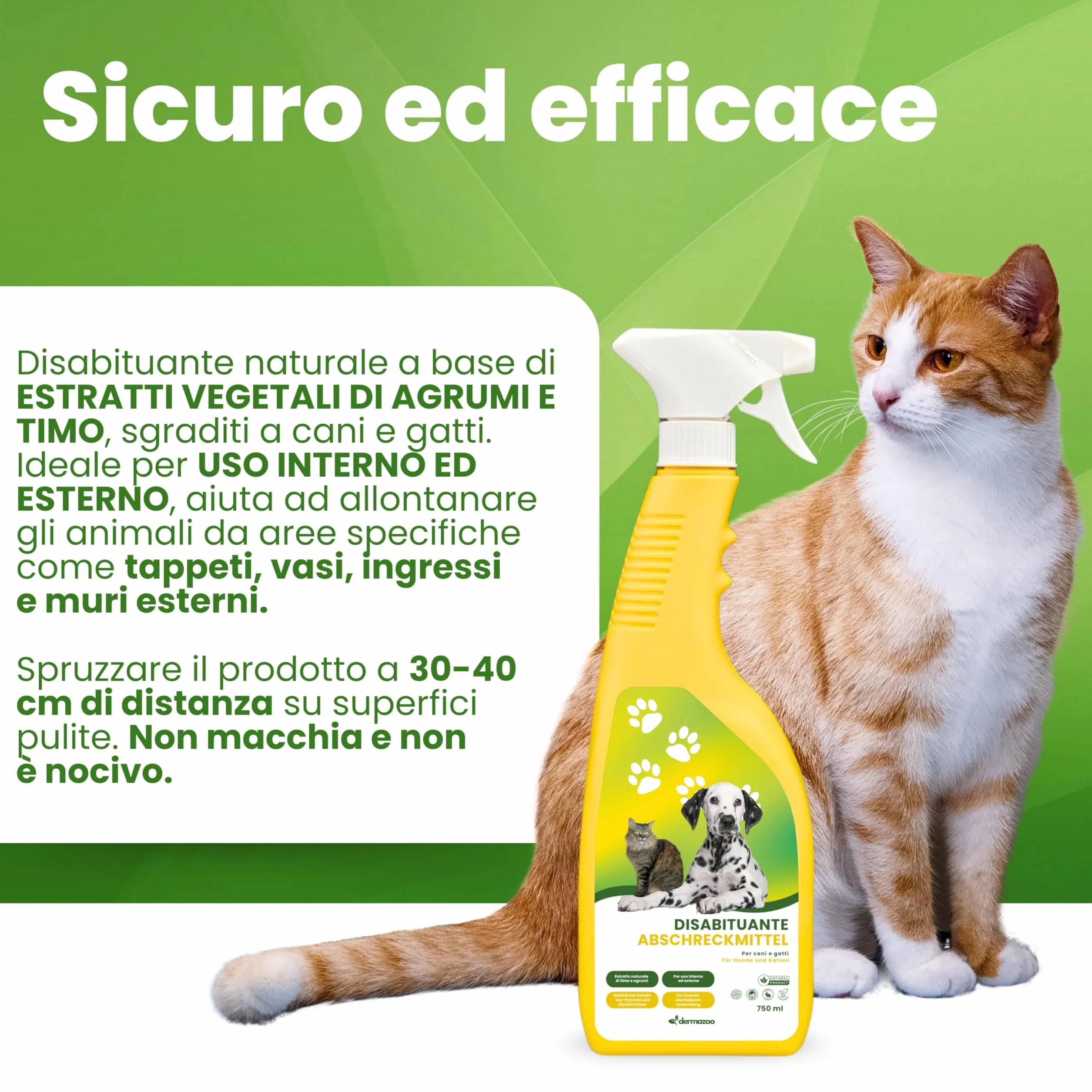 Dermazoo Spray Repellente per Gatti da Esterno e Interno 750ml, Disabituante Gatti, Disabituante per Cani, Spray Addestrativo Anti Pipi Cani, Casa e Giardino