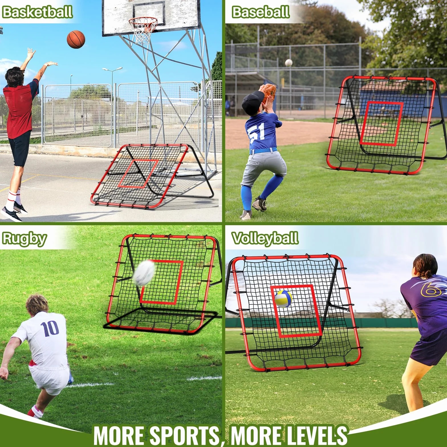 JASCOPRO Rete rimbalzante per calcio, rete rimbalzante regolabile in 18 posizioni per calcio, baseball, basket, rugby