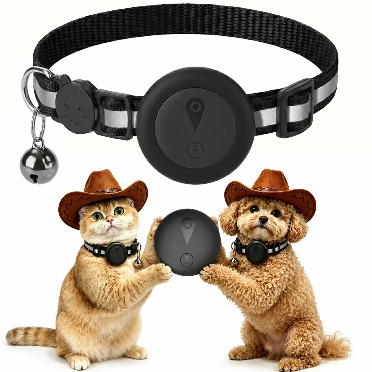 Collare GPS Gatto 2 in 1,Collare GPS per Cani Riflettente,Tracker per Cani Senza Abbonamento,Compatibile con iOS/Android,Collare Regolabile con Campanellino,Adatto a Cane di Piccola Taglia/Gatti-Nero