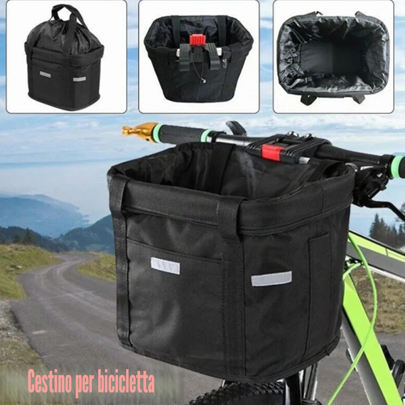 Cestino per Bici, Cestino Anteriore Bici Staccabile con Adattatore Manubrio, Cestino Multiuso da Bicicletta per Cani, Gatto, Ciclismo, Picnic, Shopping (Nero)