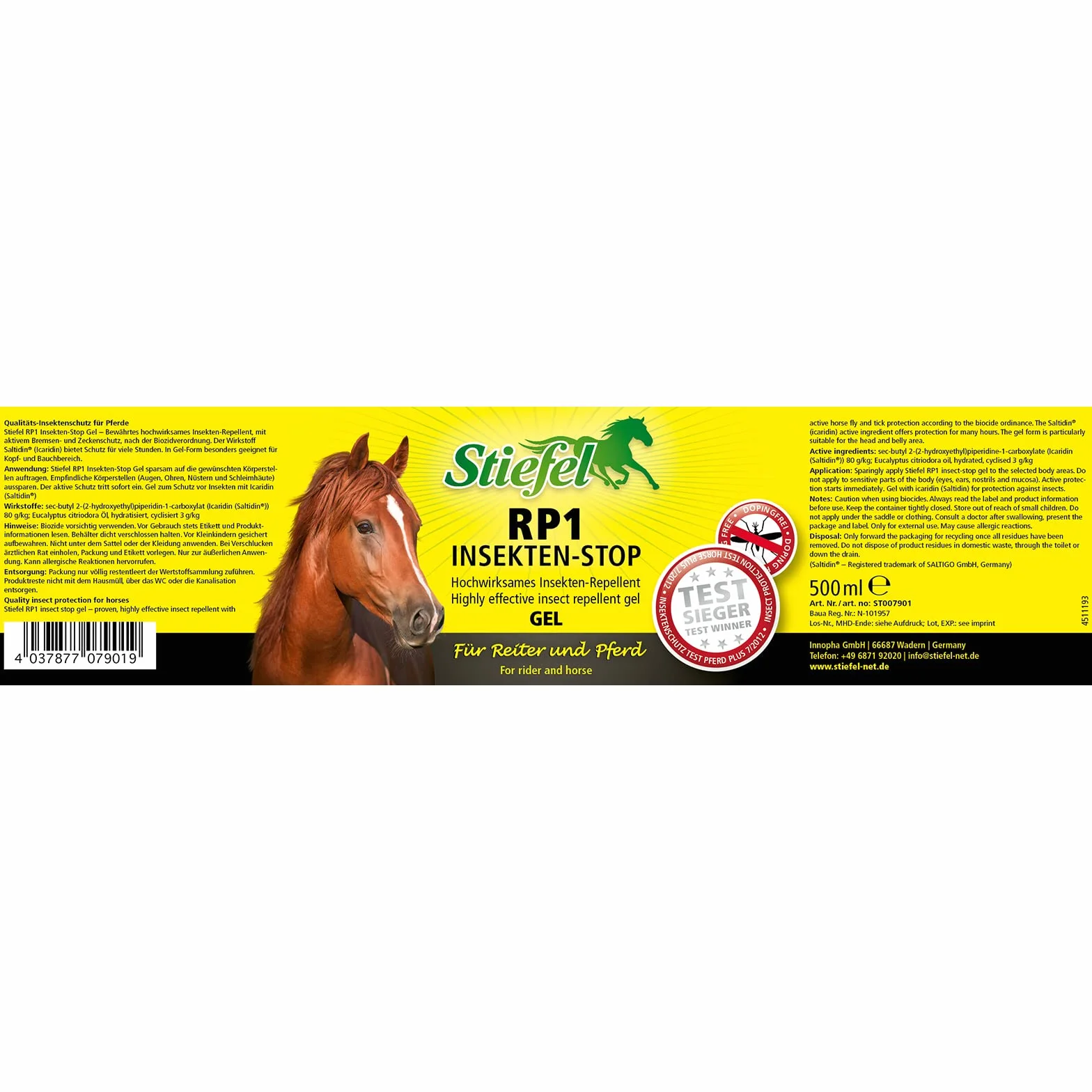 Stiefel RP1 Insetto Stop Gel per Cavalli, Altamente Efficace Repellente per Cavalli e Cavaliere, Quasi inodore, Spray Contro zanzare, Freni, zecche, Diverse Ore di efficacia, 500 ml