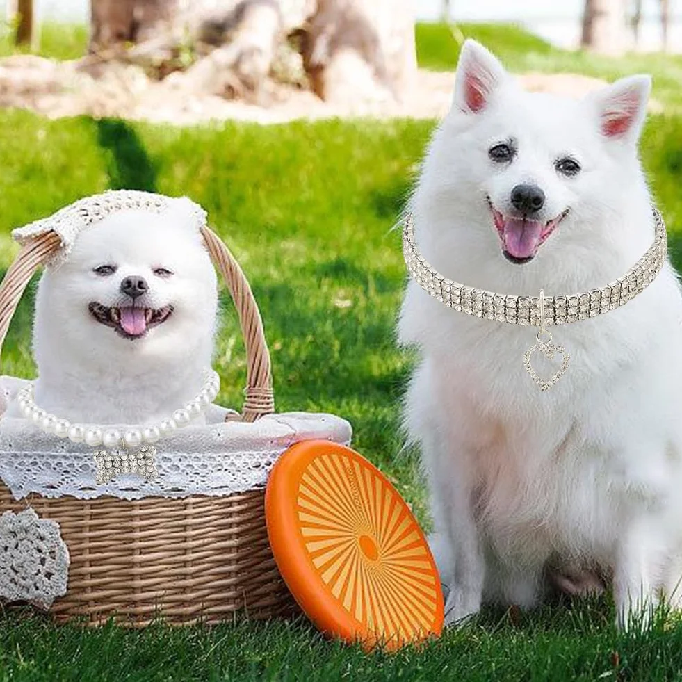 CREATCABIN Collana per Cani Strass Bling Regolabile Fiocco Bianco Perle Finte Ciondolo Collari per Gatti Cucciolo 28cm 25.8cm