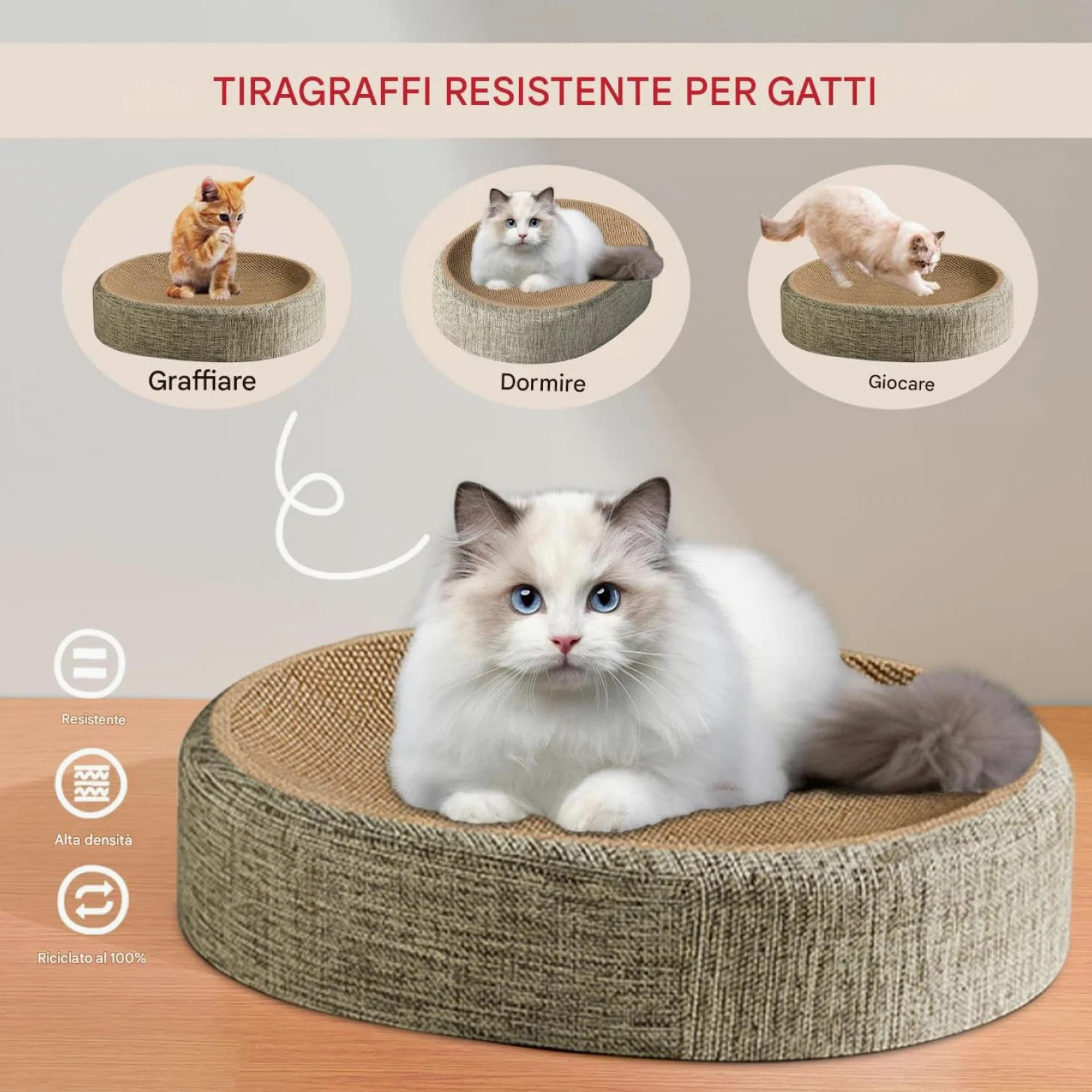 Tiragraffi Per Gatti Resistente In Sisal, 60x40x8cm 2 In 1 Cartone Rotondo Tiragraffi, Cuccia Ovale 2 In 1, CerchiTiragraffi Lounge Per Graffiare, Riposo E Gioco Gatti Da Interno