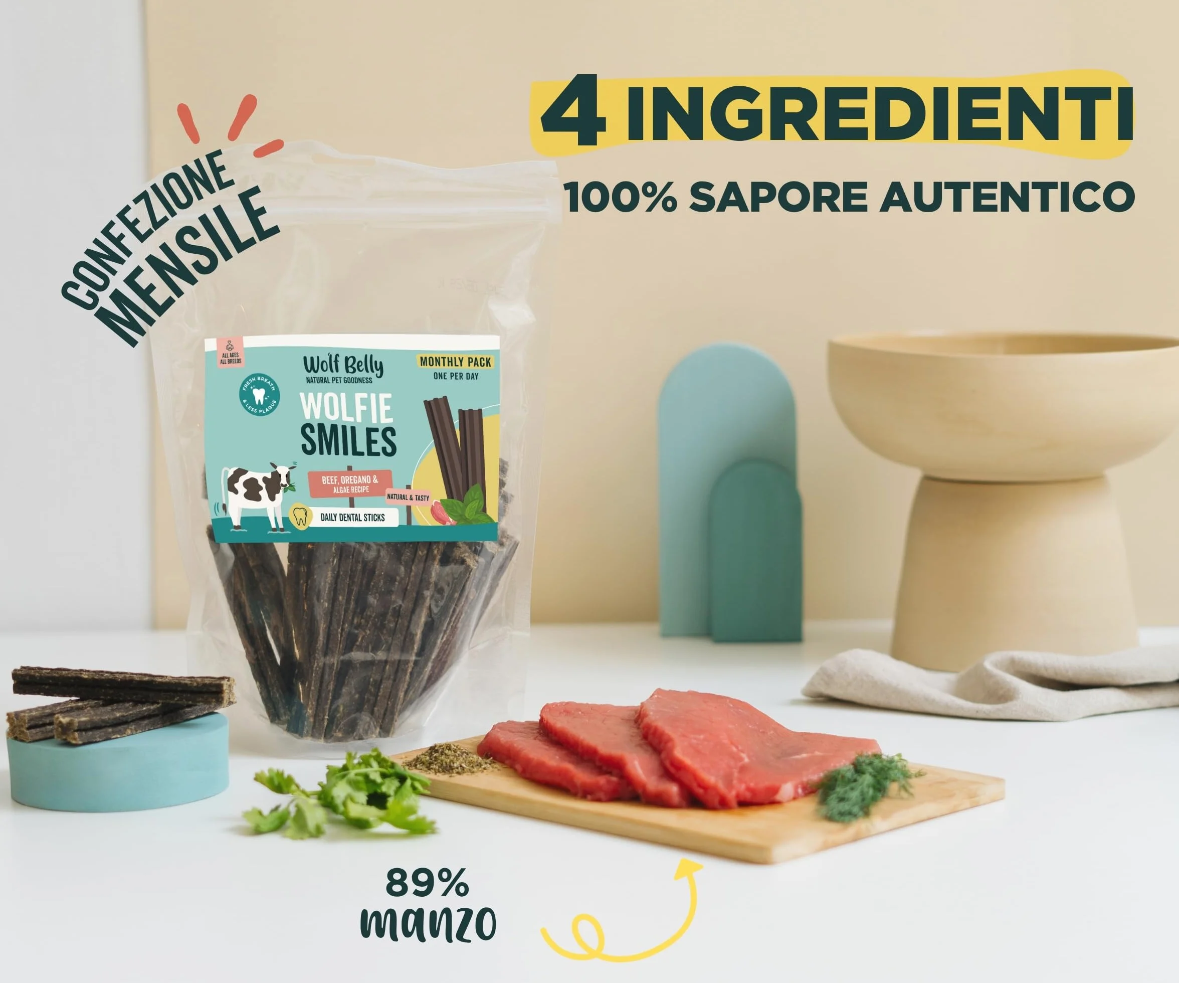 Wolf Belly - Dental Stick per Cani Naturali (28 pz) 89% Manzo Senza Cereali | Igiene Dentale & Alito Fresco | Ascophyllum Nodosum | Delizioso Sapore di Carne | Ricco di Proteine - Prodotto in Europa