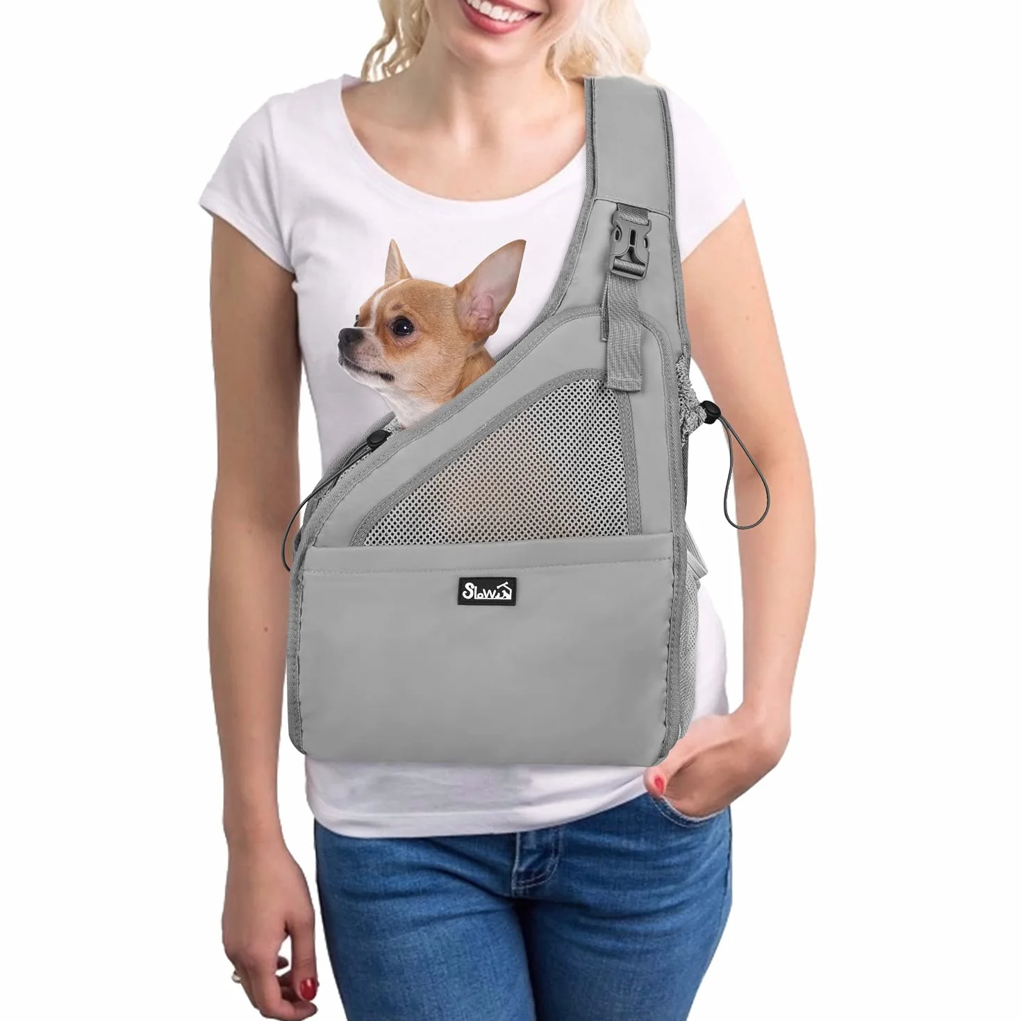 Nasjac Pet Dog Sling Carrier, Hands Free Papoose Small Animal Puppy Travel Bag Tote Cinturino imbottito regolabile Rete traspirante Fondo rigido Apertura Tasca frontale Cintura di sicurezza Lavabile