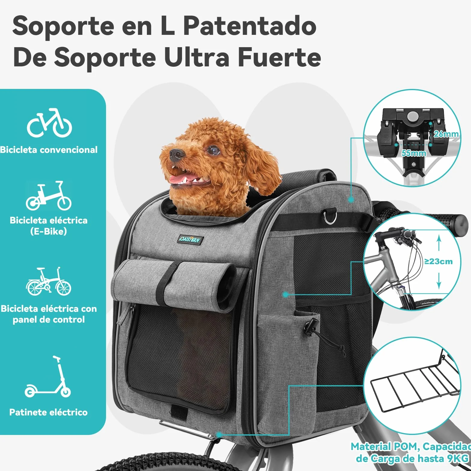 Cestino da Bici Anteriore per Cani Gatti fino a 10KG con Supporto L Ultra-Resistente Φ55mm, Zaino per Animali Domestici con Cerniera SBS, Finestre in Rete Traspirante, Cuscino Impermeabile