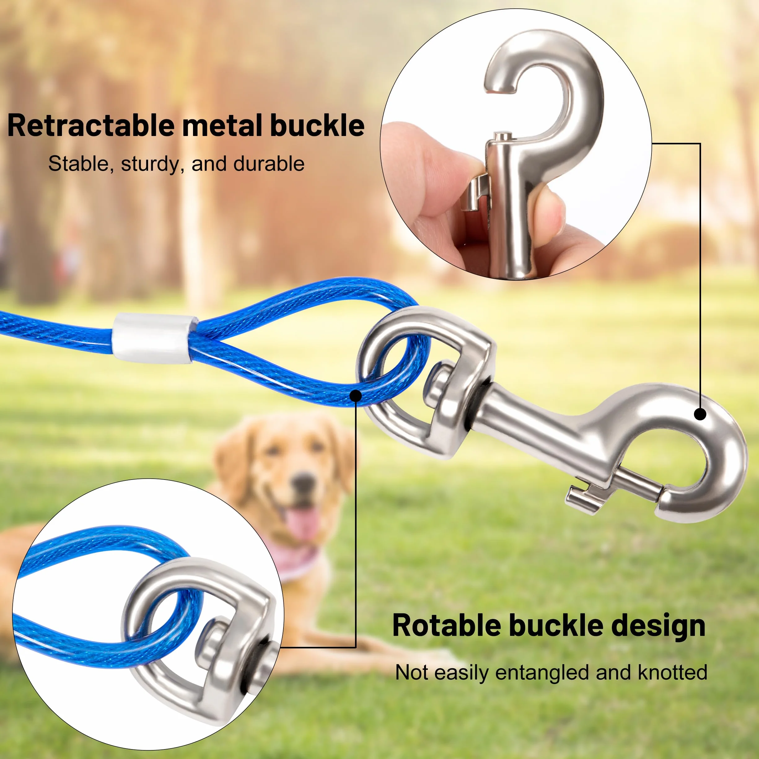Cavo per Cani Resistente 5m Corda per Cani in Filo D'acciaio Cavo di Collegamento e Cani con Fibbia Rotante in Metallo per Esterni Cortile Campeggio Giardino Blu