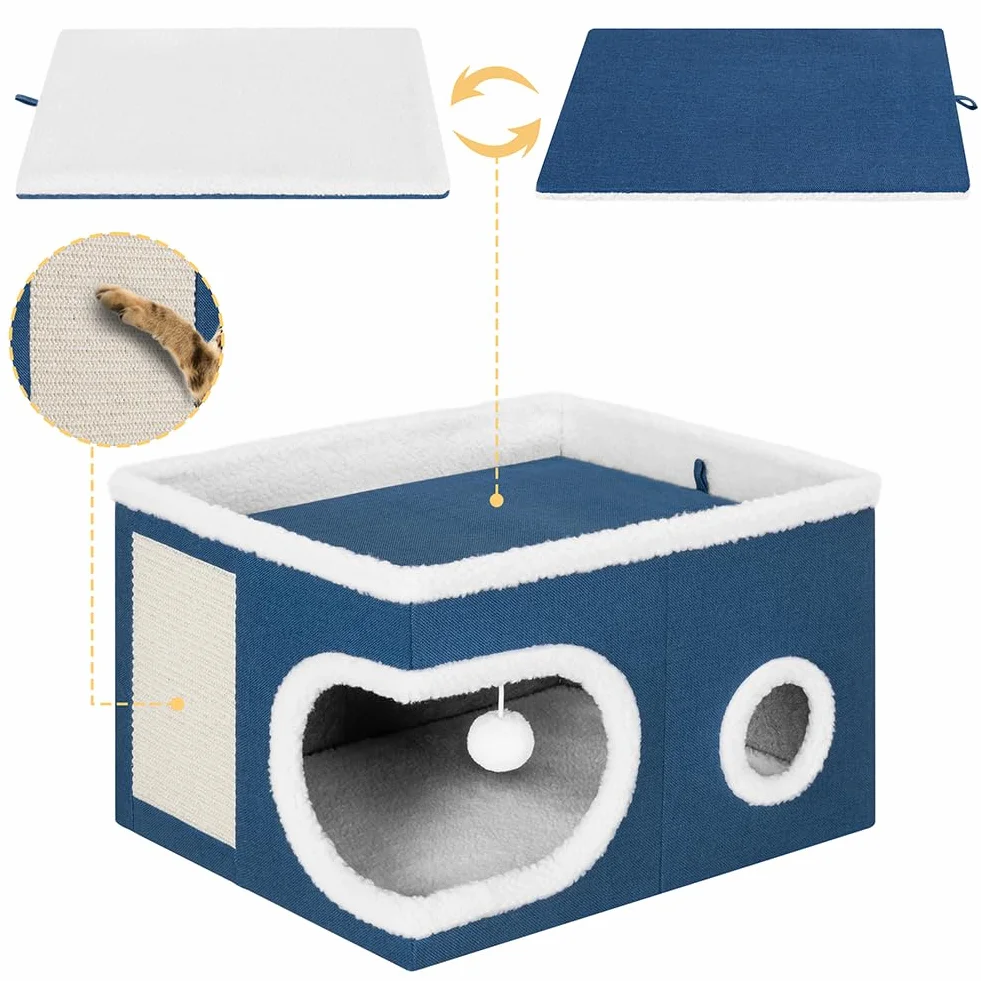 BAKAJI Cuccia per Gatti con Tiragraffi in Poliestere Imbottito 58x42x33cm Blu