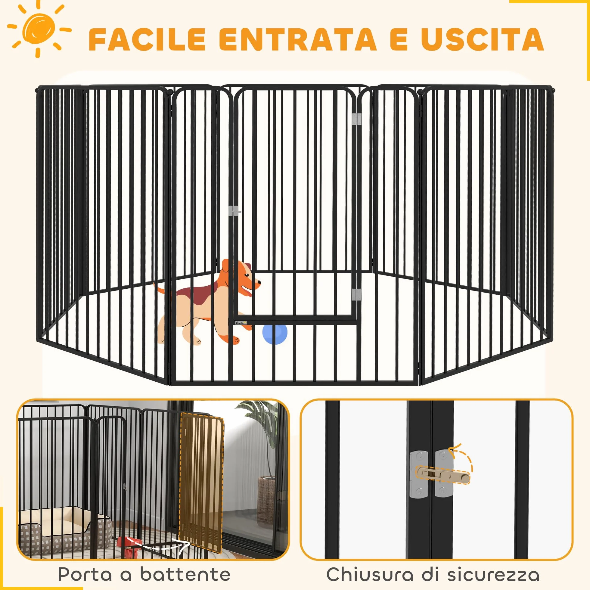 PawHut Box per Cani Taglia Piccola, Media e Grande a 8 Pannelli Modulabili da Interno ed Esterno, Cancello per Cani in Acciaio con 9 Picchetti, 164x164x100 cm, Nero