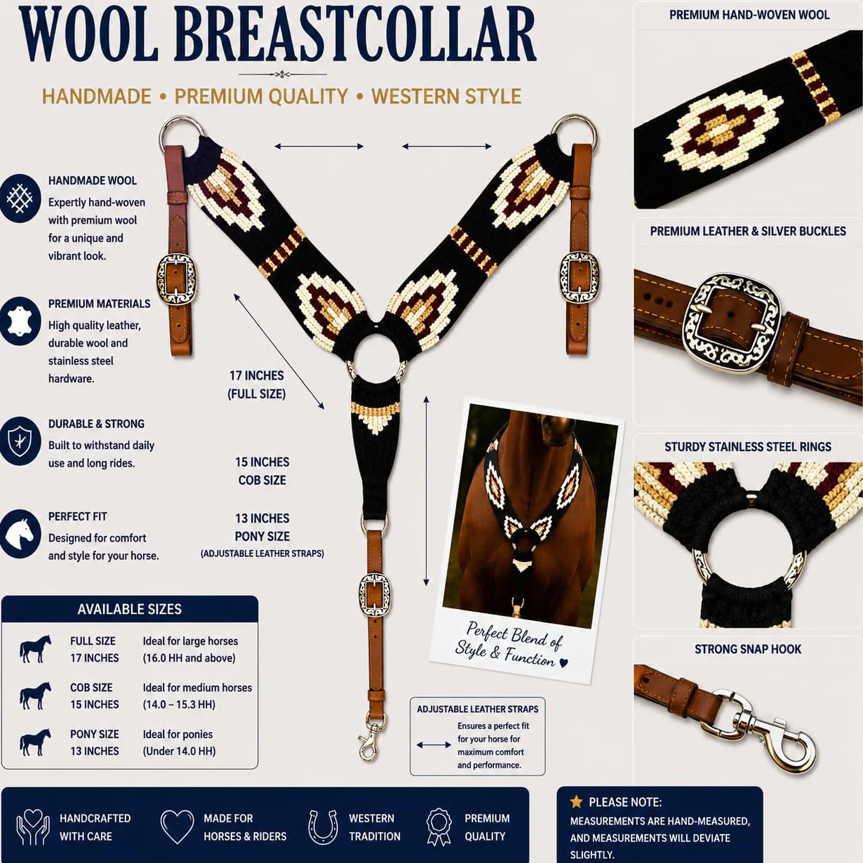 Cheval's International Collare per cavallo in mohair occidentale, realizzato a mano in lana e pelle, regolabile, resistente e confortevole, per cavalli, nero