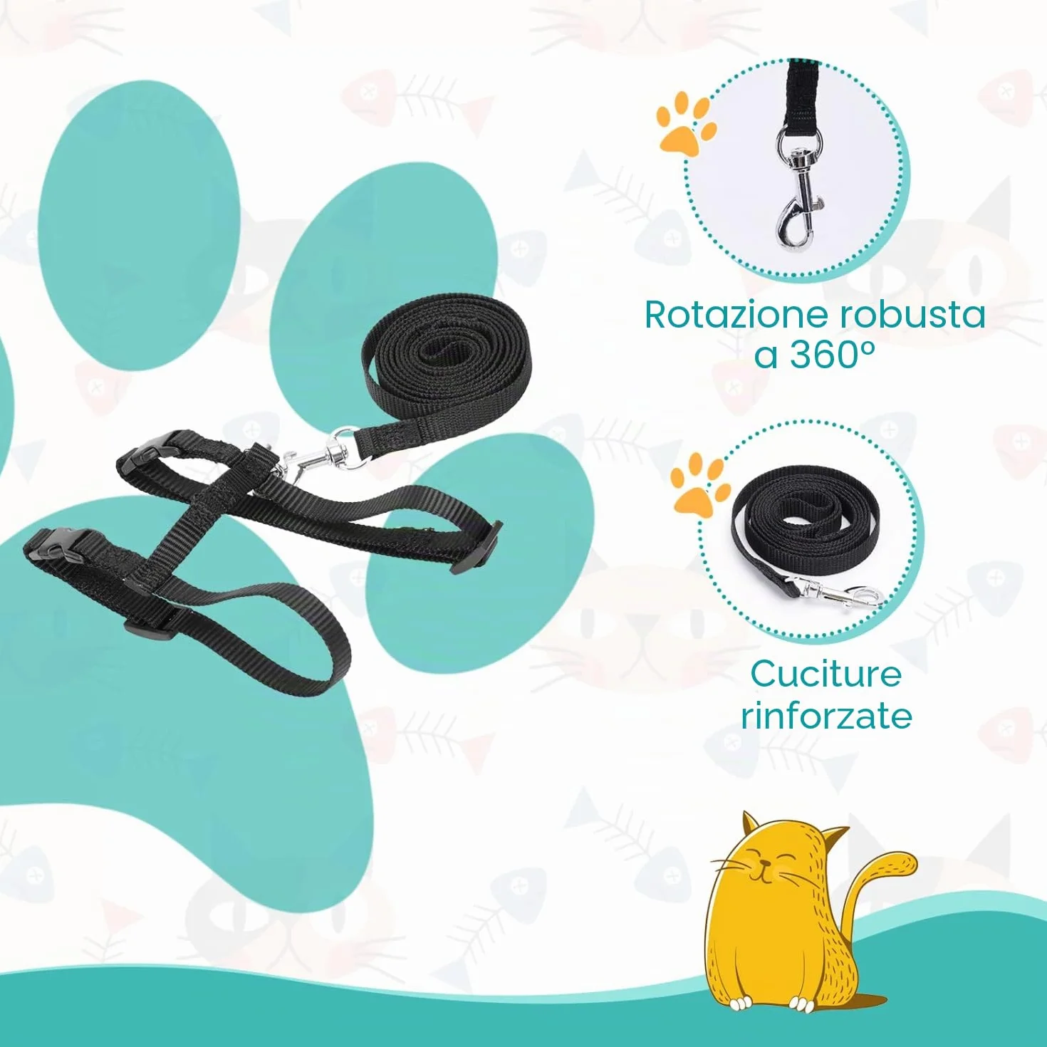 Nobleza Pettorina per Gatti con Guinzaglio Integrato, Imbracatura Regolabile per Gatti Piccoli e Cuccioli, Nero, Size W1.0*L120cm