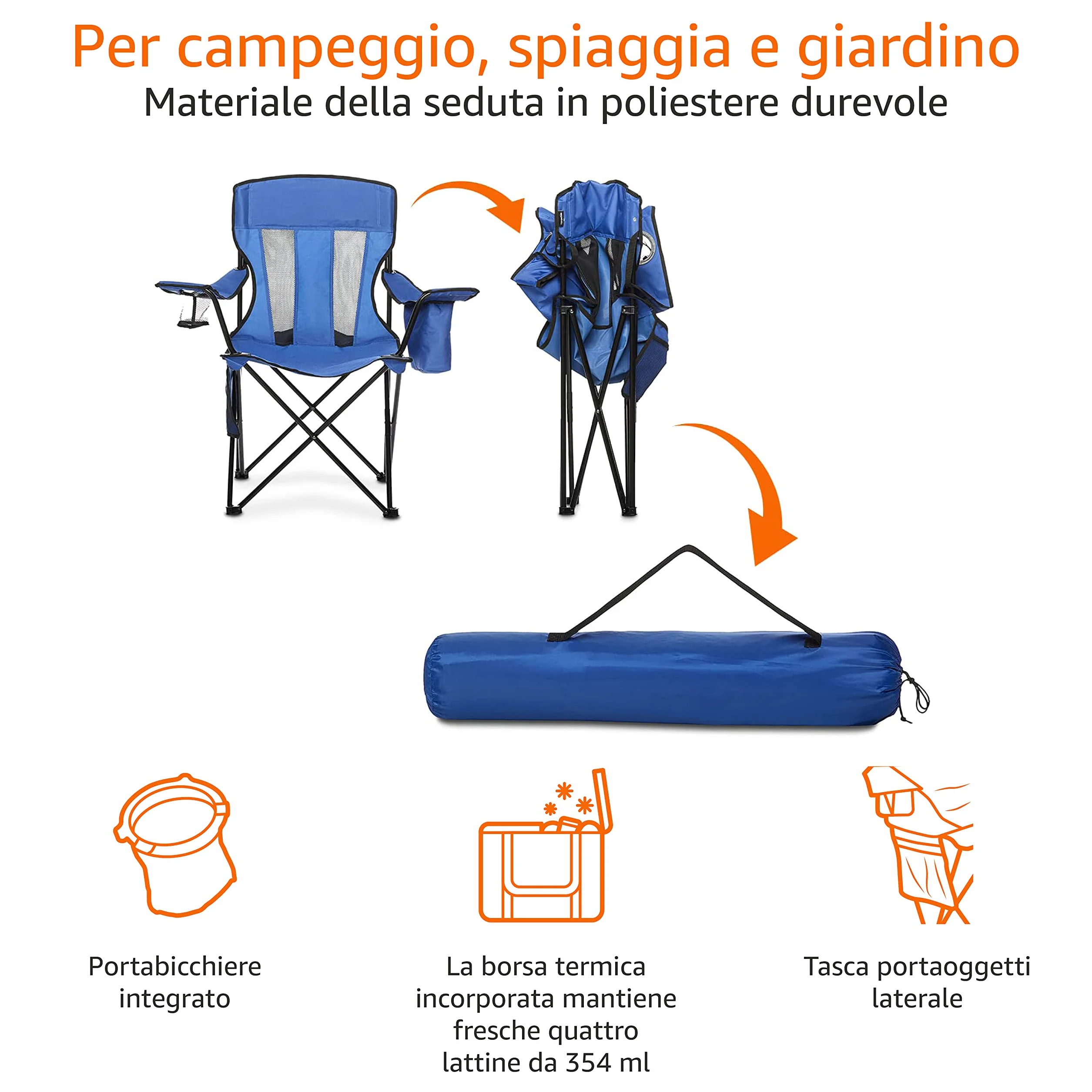 Amazon Basics Sedia da campeggio con tasca termica, Blu